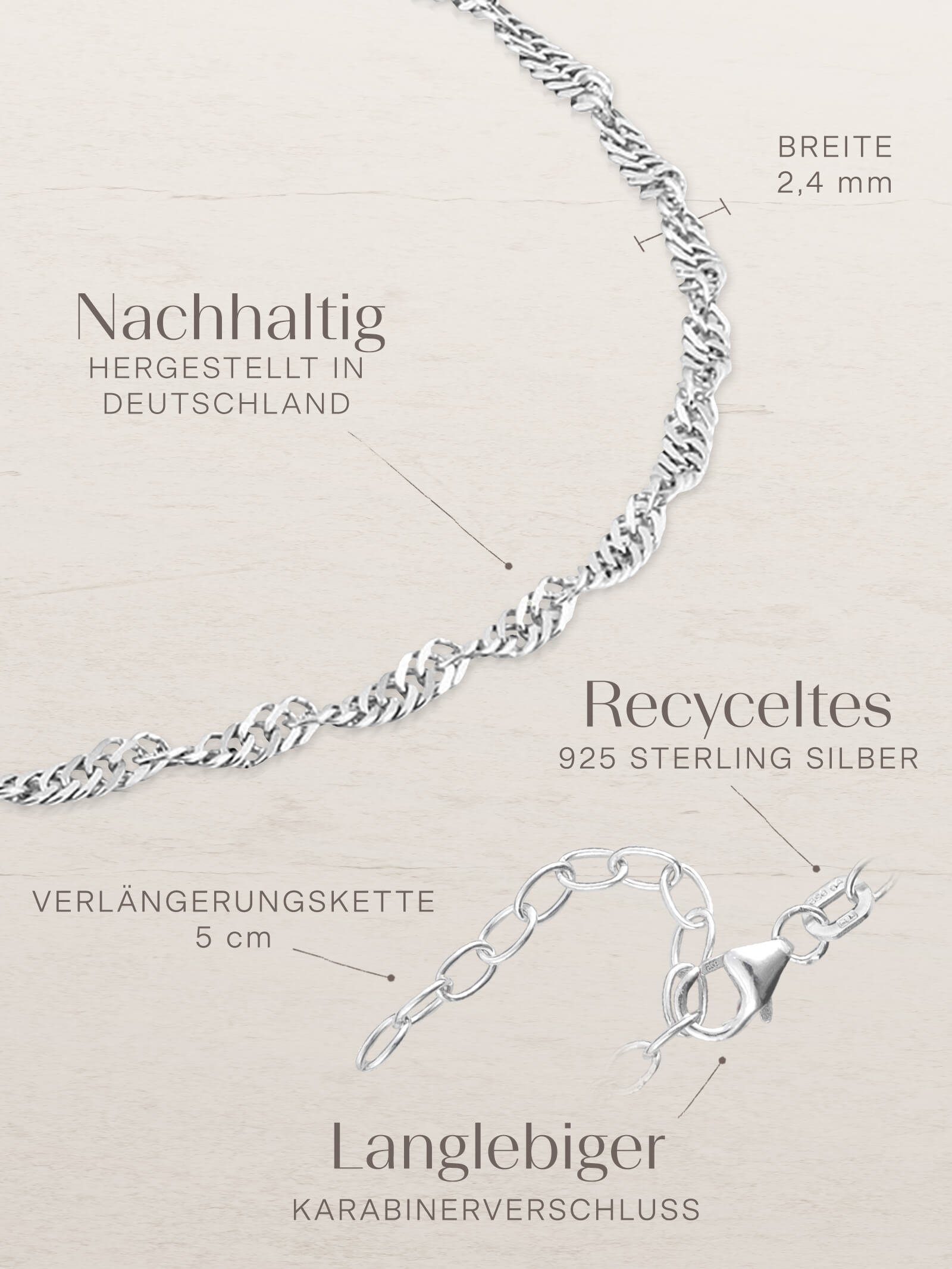 modabilé Fußkette Silber Germany 28cm, 2,4mm breit, 925, Sterling SINGAPORE, Made Fußkettchen in Frauen, 23cm 