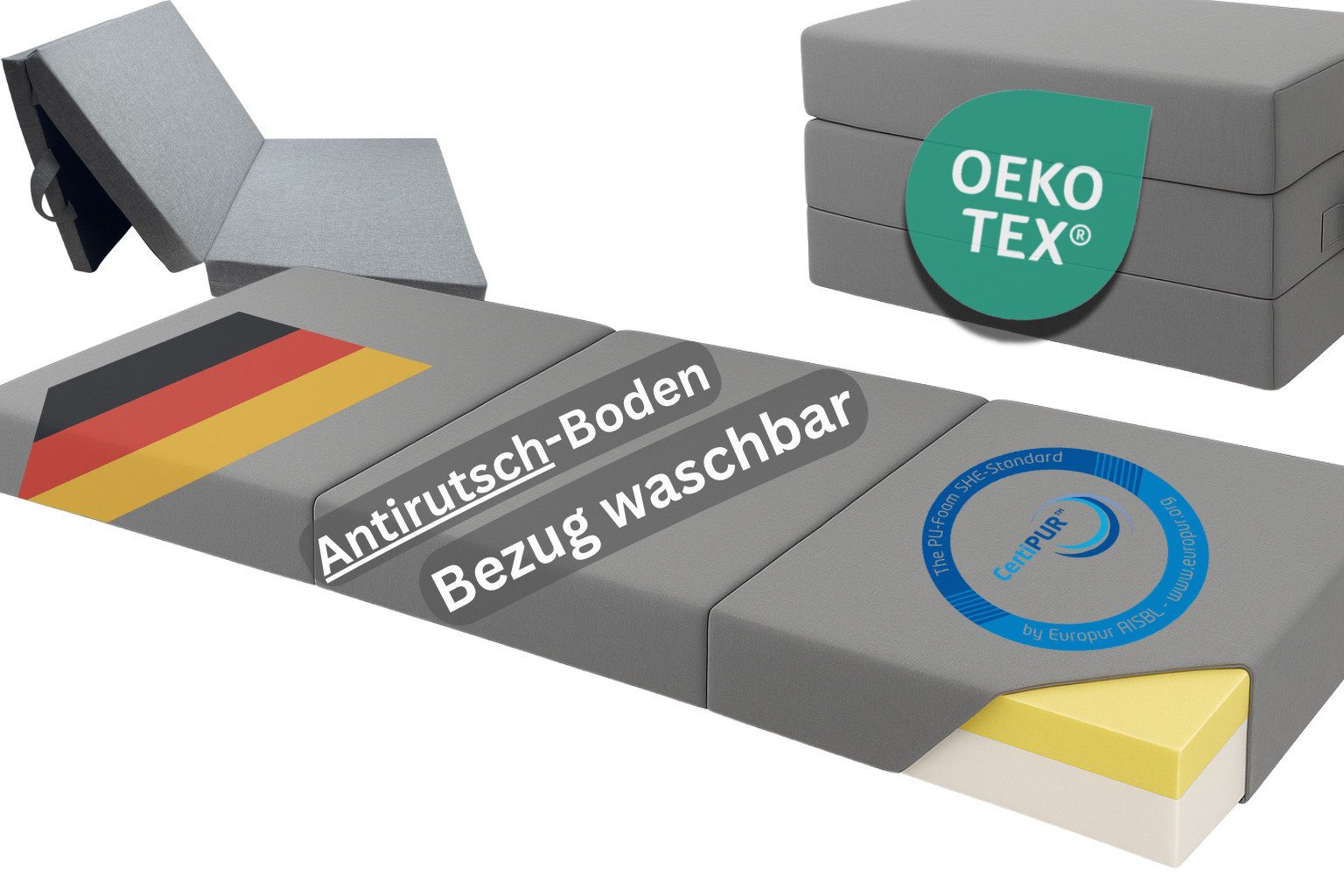 Klappmatratze Premium – 9cm dick, mit 2cm Visco-Schicht, ideal als Gästematratze, TexDeko, 9 cm hoch, UV-Beständig, wasserabweisend, waschbarer Bezug, Anti-Rutsch-Boden