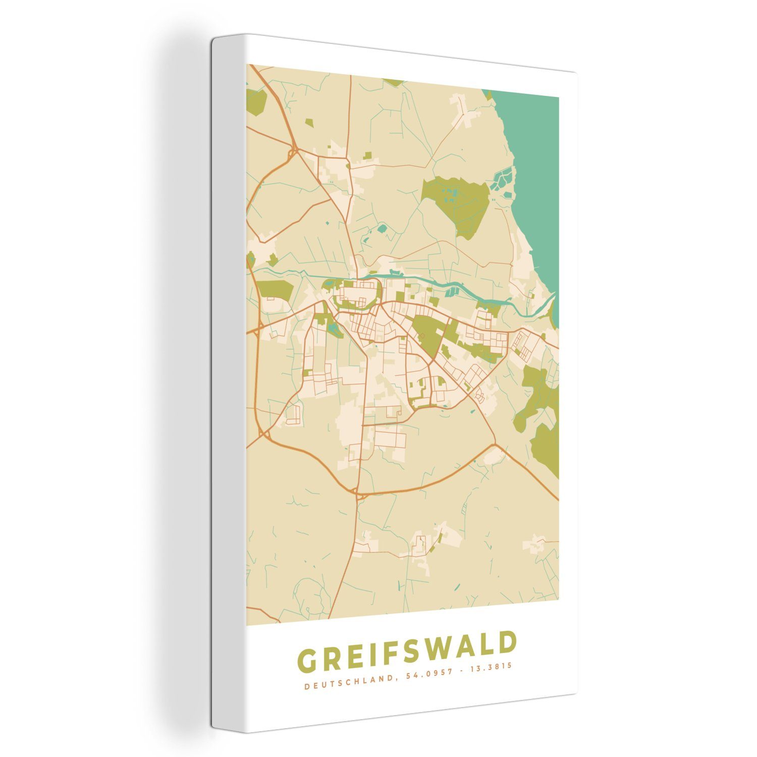 OneMillionCanvasses® Leinwandbild Greifswald - Jahrgang - Karte - Stadtplan, (1 St), Leinwandbild fertig bespannt inkl. Zackenaufhänger, Gemälde, 20x30 cm