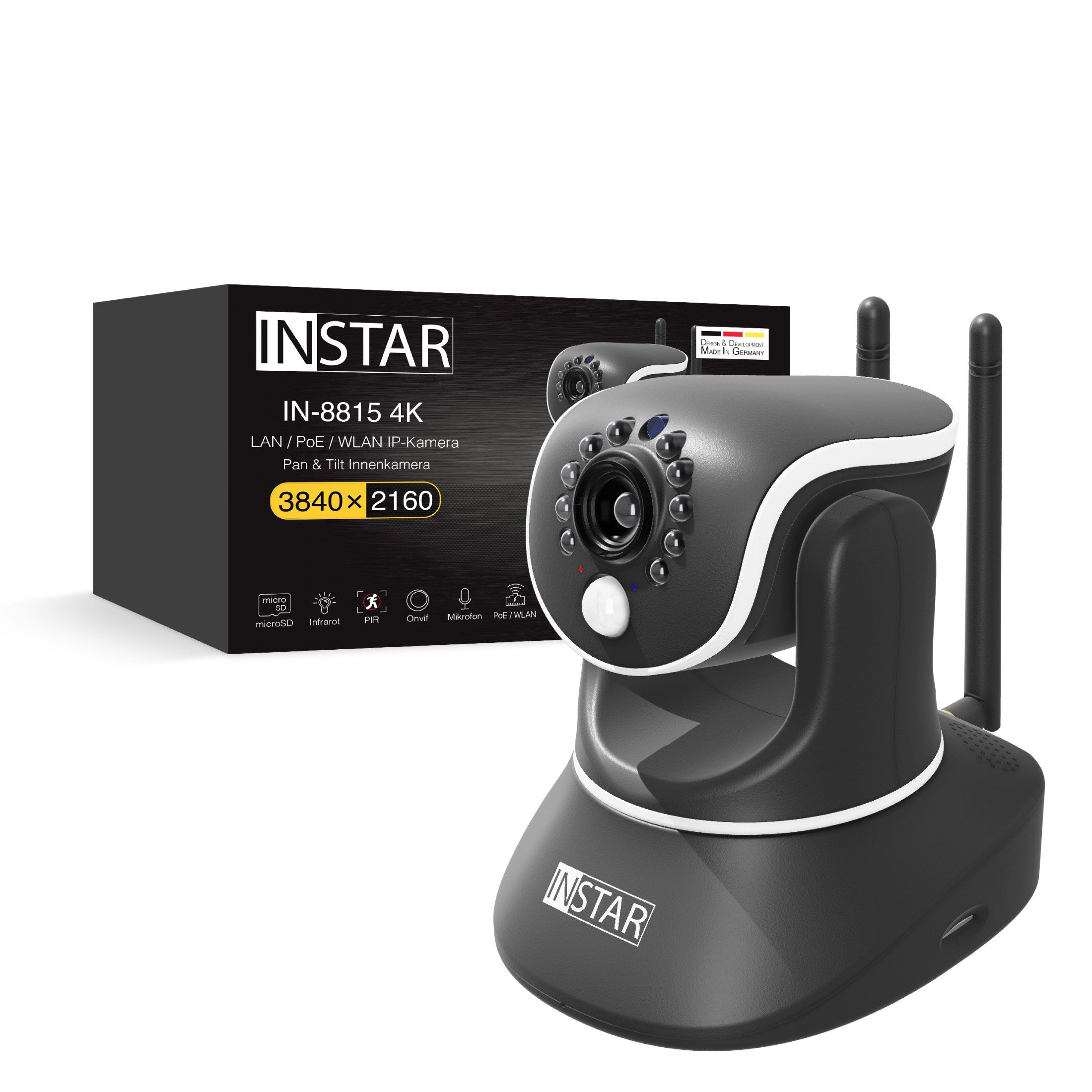 INSTAR Smart Home Kamera IN-8815 4K (Innenbereich, Baby Monitor, Haustier Überwachung, steuerbar (PTZ), PoE und WLAN, 2 Wege Audio, PIR, Alarm Ein- & Ausgang)