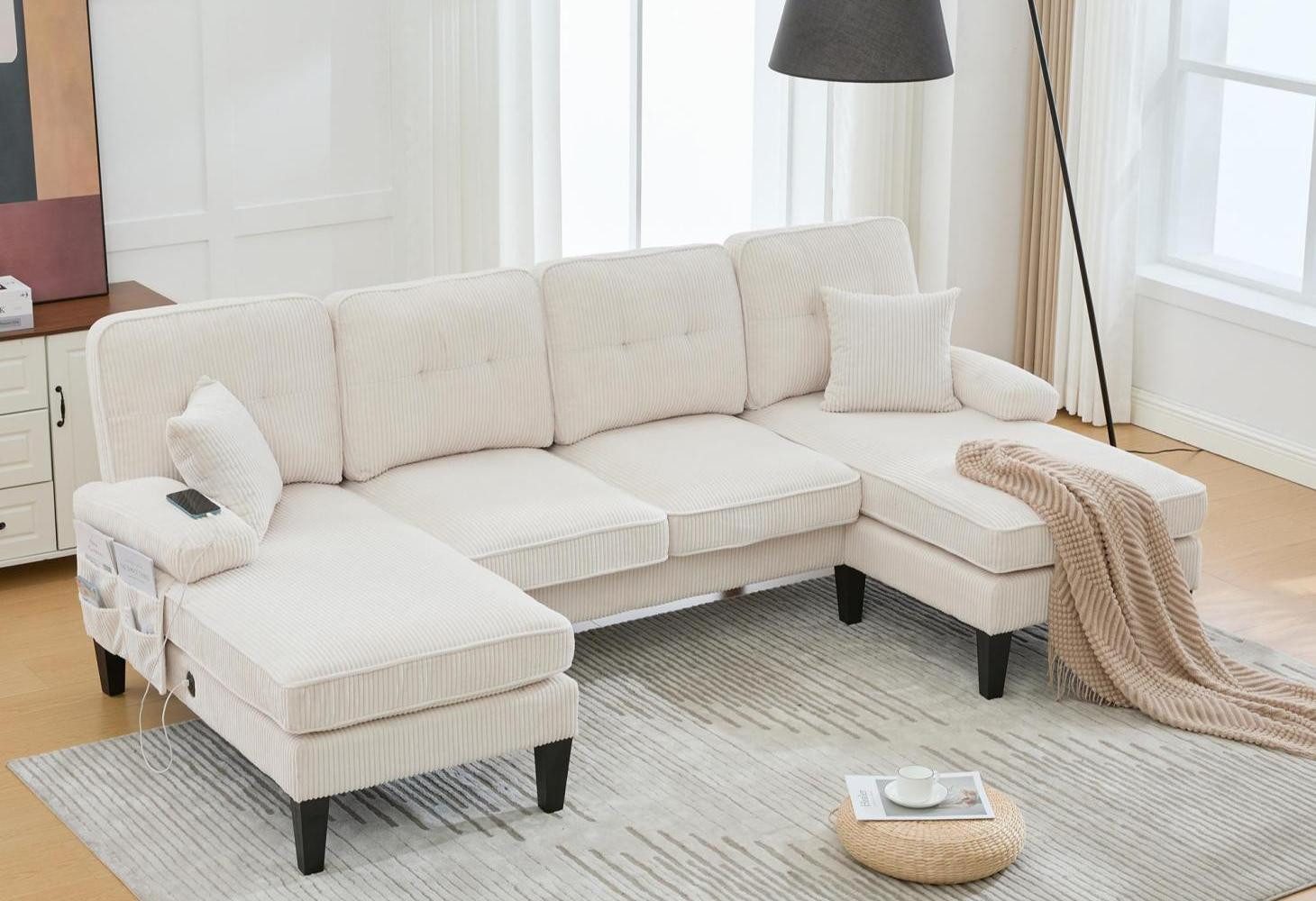 LVHOM Loungesofa U-Form, 4-6 Personen, stabile Holzbeine, stabil und belastbar, Hochwertiger Stoff, zwei Chaiselongues+ ein Doppelsofa, zwei Zierkissen, Seitentaschen, Ladeanschluss, bis 250kg, für Wohnzimmer,Schlafzimmer,Spielzimmer,Büro,Hotel