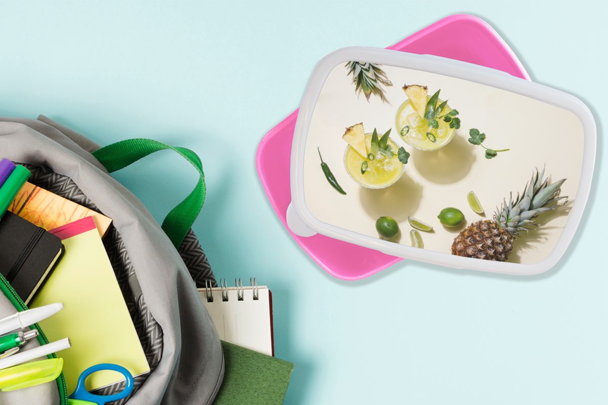 für MuchoWow Lunchbox Sommer, - (2-tlg), rosa Kunststoff Ananas Erwachsene, Kinder, Snackbox, Mädchen, Brotdose - Kunststoff, Brotbox Getränk