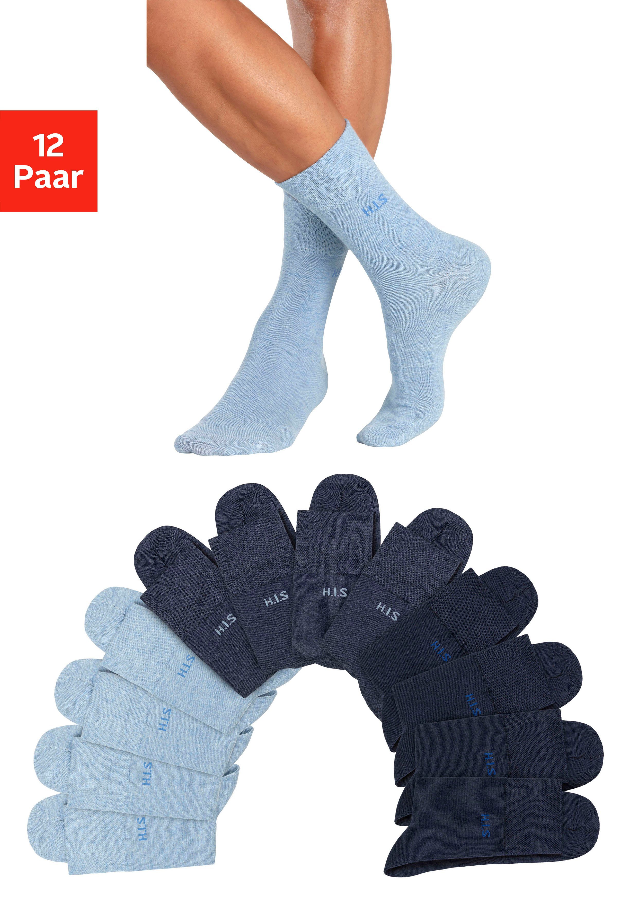 H.I.S Socken (Packung, 12-Paar) ohne einschneidendes Gummi 4x navy, 4x jeansblau-meliert, 4x dunkel jeans-meliert