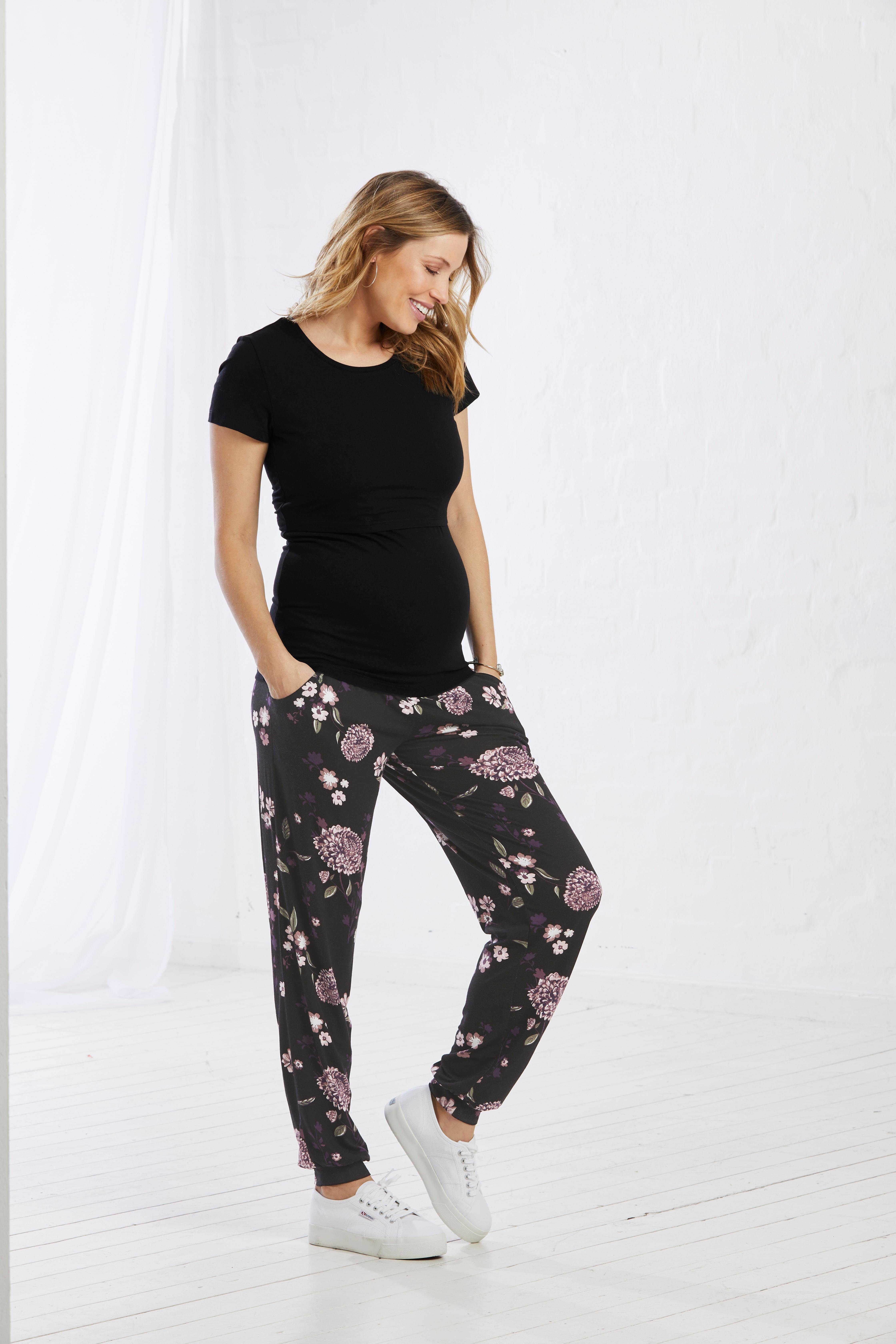 Neun Monate Umstandshose Haremshose für Schwangerschaft und Stillzeit, in bequemer Passform und mit Blumenmuster