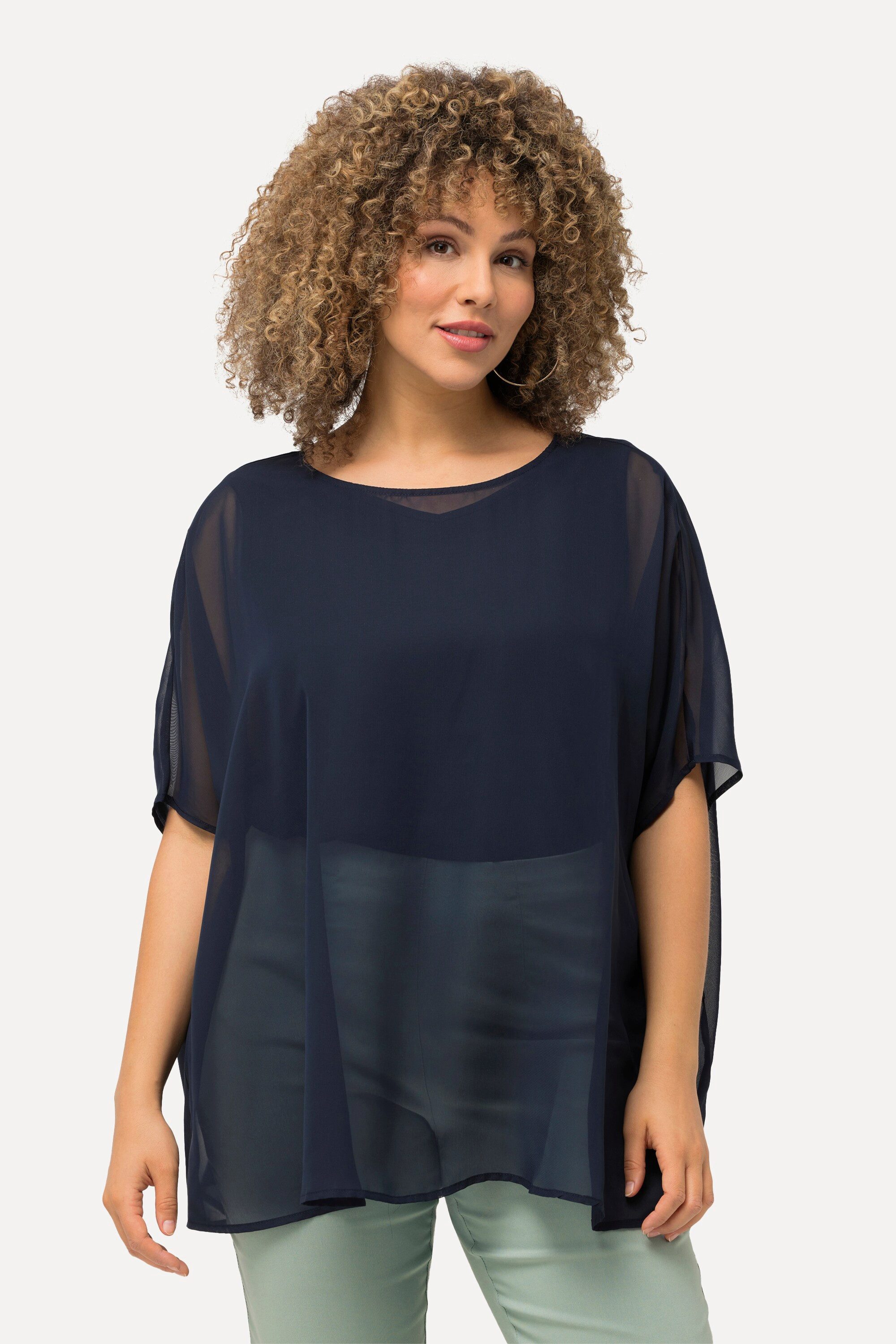 Ulla Popken Druckbluse Chiffonbluse Oversized Rundhals günstig online kaufen