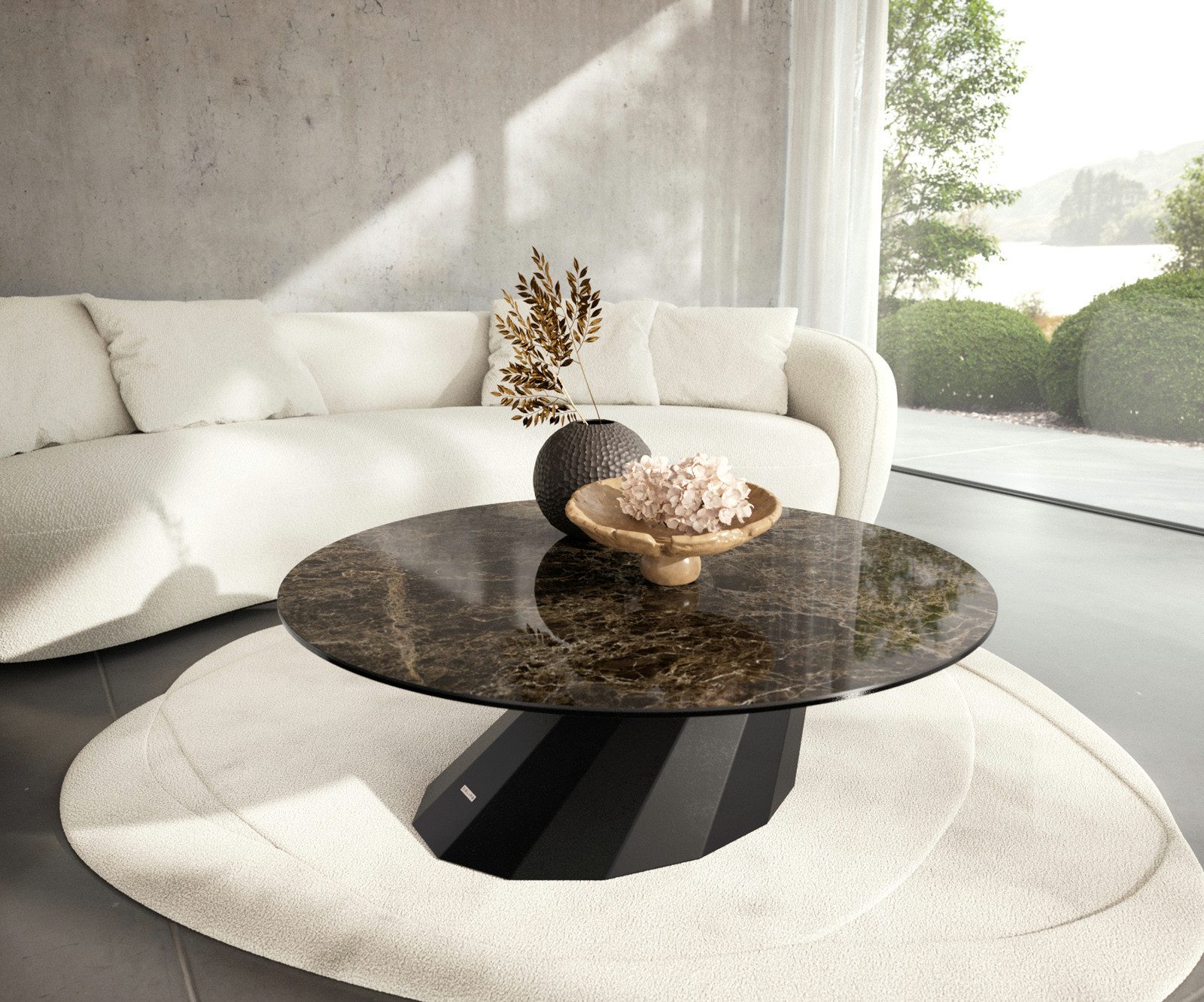 DELIFE Couchtisch Edge, Rund 100x100 cm Keramik Emperador Extra Lucidato Dunkelbraun Parabi Me