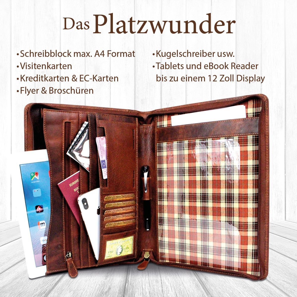 Corno d´Oro Aktenmappe für bis 12 Zoll Tablet iPad Handmade Dokumentenmappe A4 Leder Vintage, Schreibmappe mit Reißverschluss, RFID Schutz, im Geschenkbox