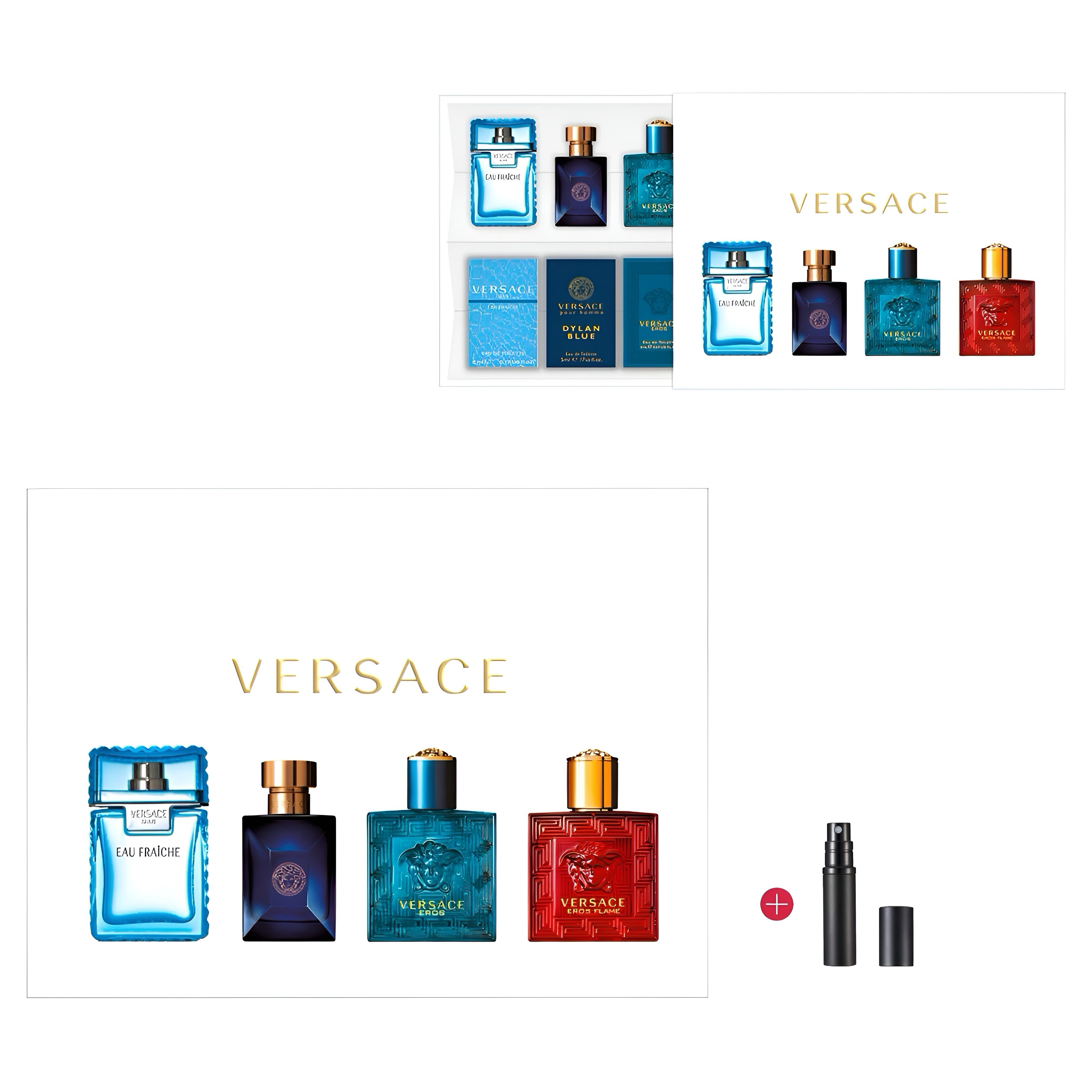 Versace Duft-Set Eau de Parfüm Versace Eau Fraiche, Dylan Blue, Eros und Eros Flame Man, 4-tlg., Geschenkbox, Parfümzerstäuber Nachfüllbar GRATIS