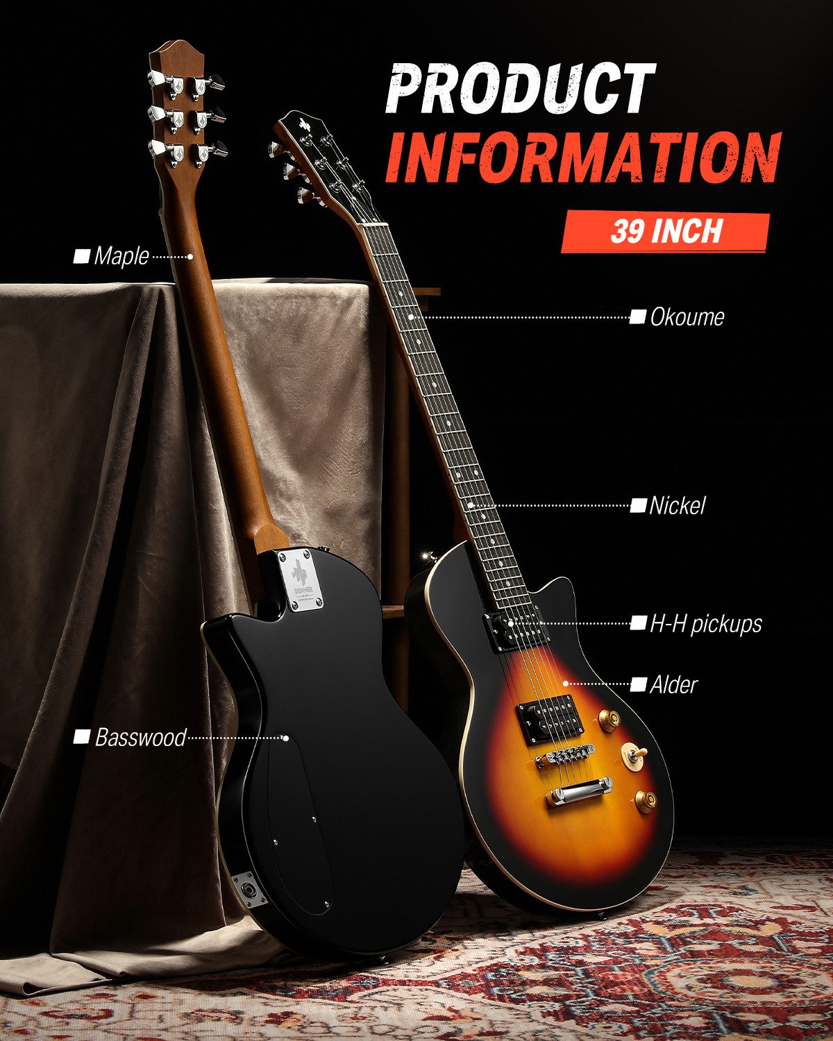 Donner E-Gitarre 39" Solid Body H-H Pickups Gitarren für Rock, Blues, Pop &Punk DSC-128, Gitarrenkoffer, Gurt, Kabel, Gitarrenkoffer, Gurt, Kabel, Solid Body Fü – Bild 5 von 5