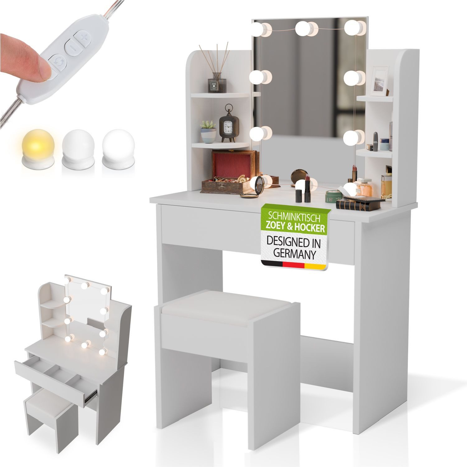 Juskys Schminktisch Zoey, LED-Beleuchtung, inklusive Hocker, viel Stauraum, günstig online kaufen