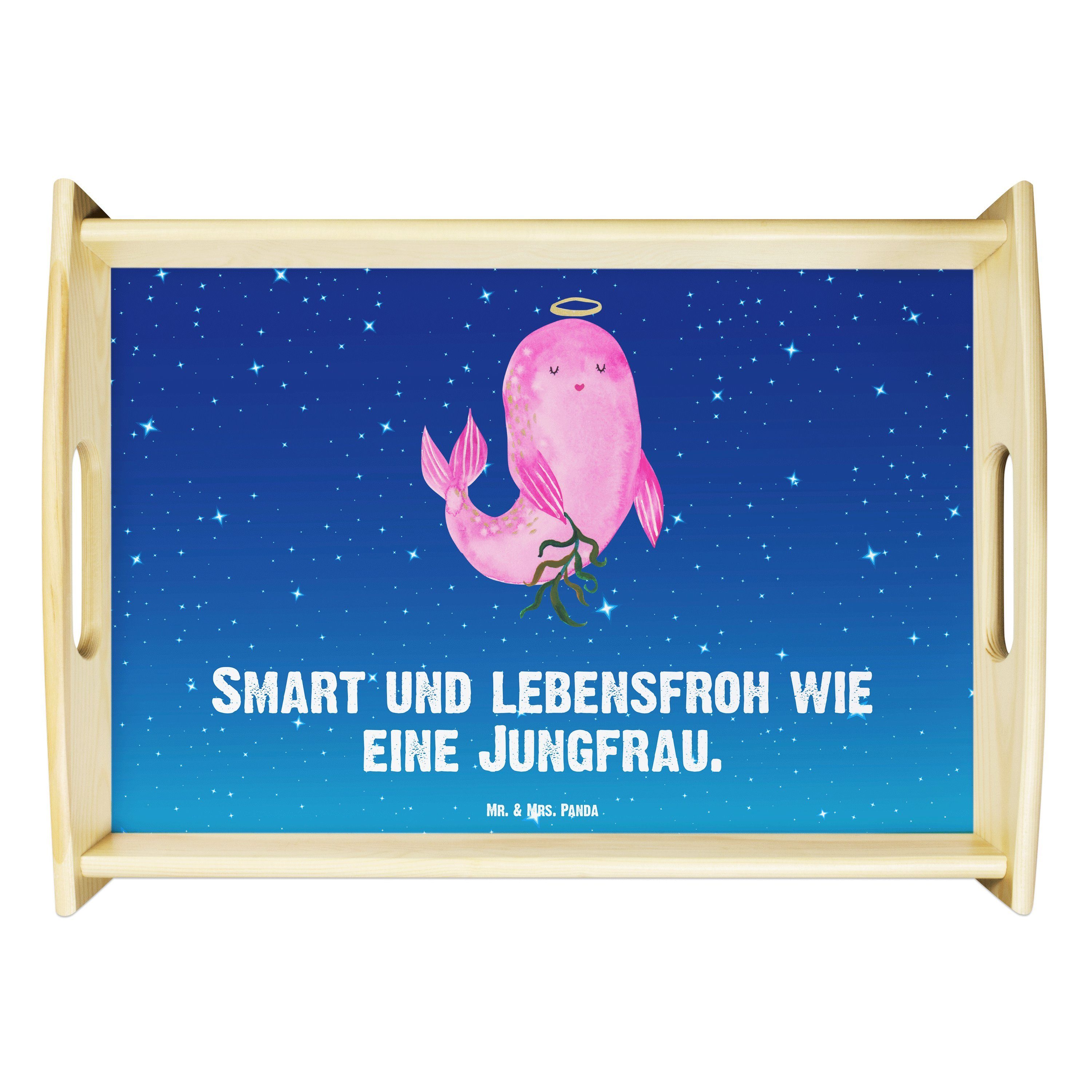 Mr. & Mrs. Panda Tablett Sternzeichen Jungfrau - Sternenhimmel Blau - Geschenk, Geburtstag Sep, Echtholz lasiert, (1-tlg)