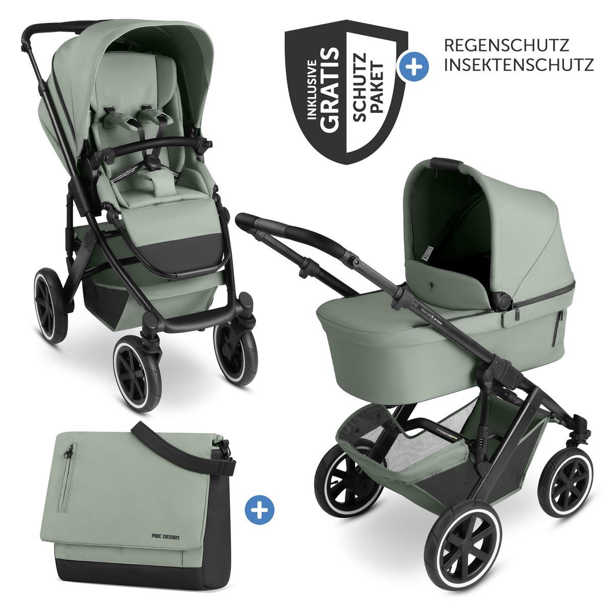 ABC Design Kombi-Kinderwagen Salsa 5 Air - Pine, 2in1 Kinderwagen Set mit Babywanne, Sportsitz, Wickeltasche & Zubehör