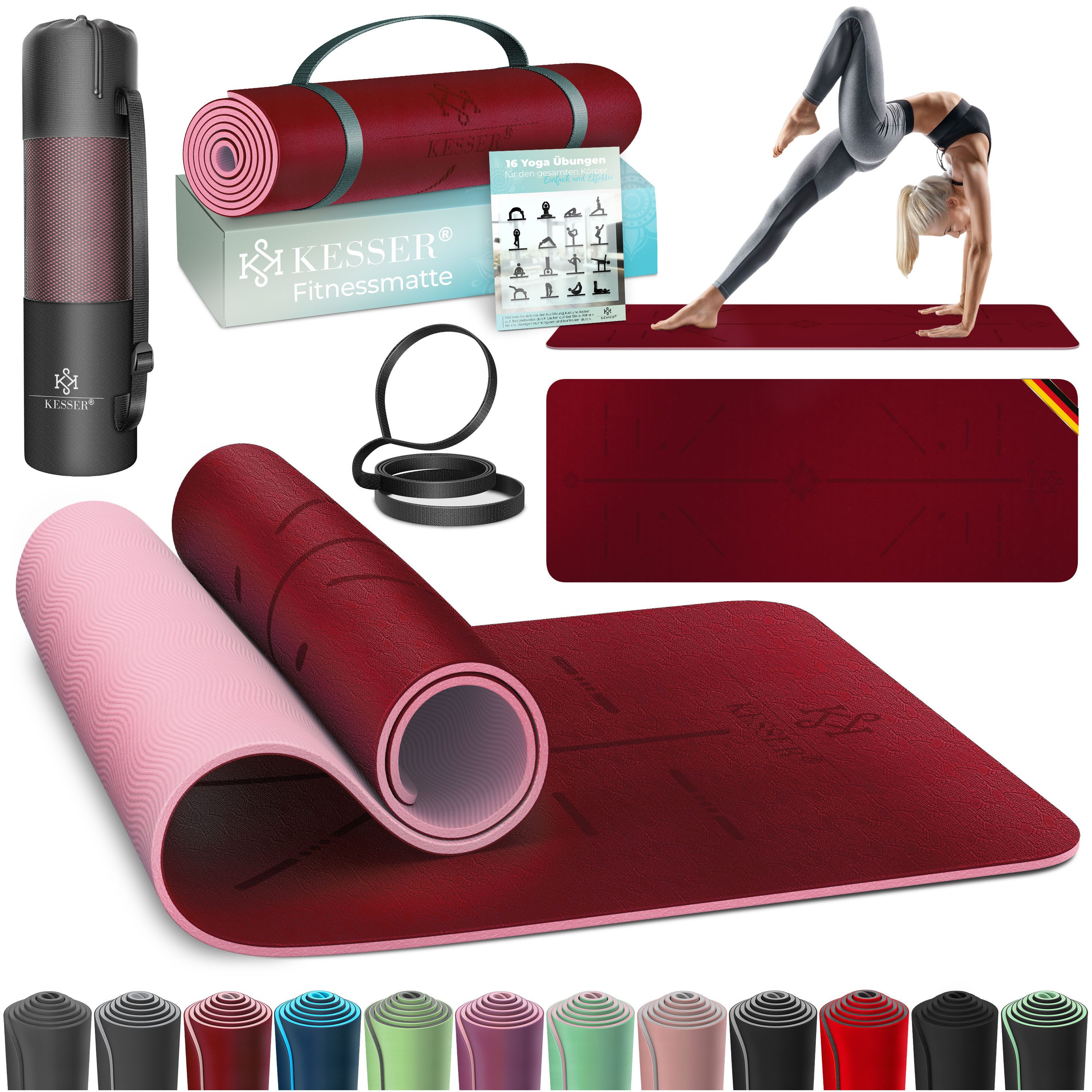 KESSER Yogamatte, Gymnastikmatte + Tragegurt rutschfest TPE Yogamatte gepolstert
