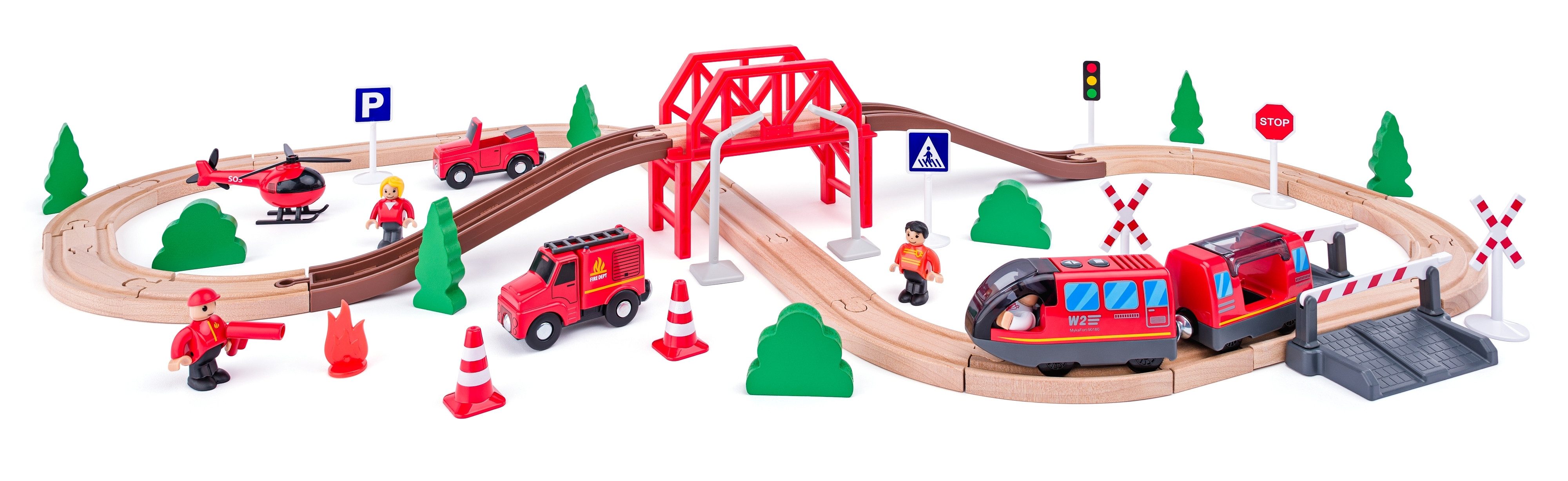Woodyland Spielzeug-Eisenbahn 92110 Eisenbahnset - 60 teilig. Mit batteriebetriebener Lok, (60-tlg), Fahrzeuge magnetisch. Lok elektrisch betrieben