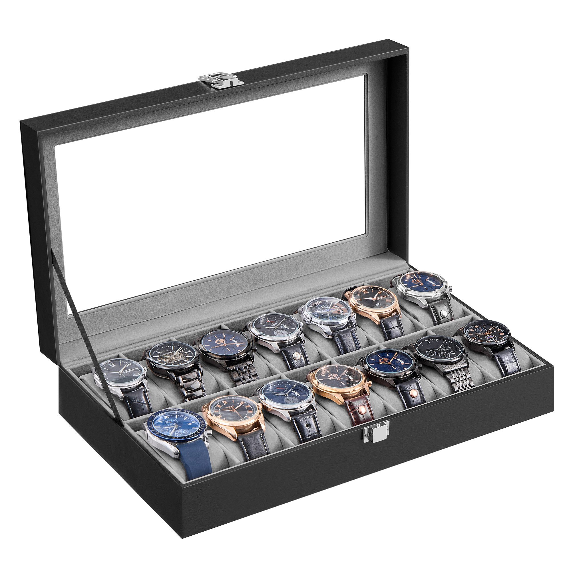 Uhrenbox 12 Fächern, Uhrenkasten, Premium-Uhrenschatulle, 20,2 x 30,2 x 7,8 cm