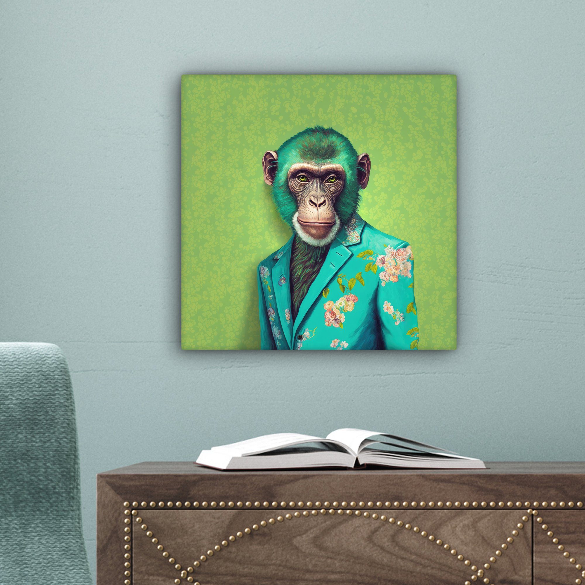OneMillionCanvasses® - (1 Wohnzimmer - Porträt, Bilder Leinwand Colbert für Schlafzimmer Neon St), - - Leinwandbild Blumen Affe