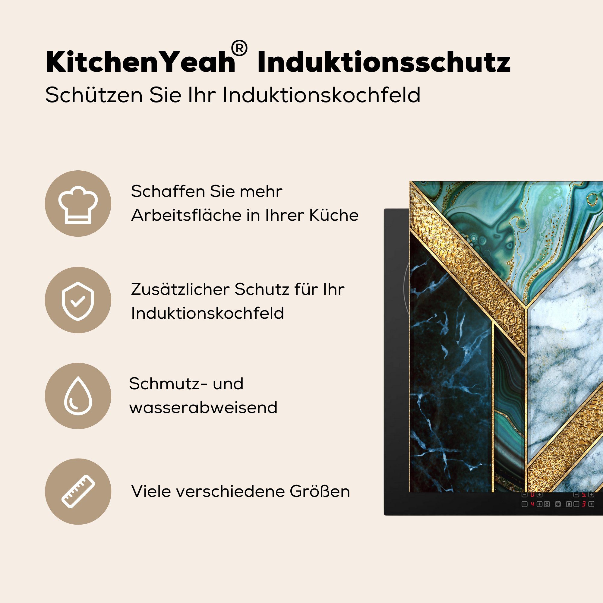 Gold, - Vinyl, tlg), küche, Marmor - die cm, für (1 Ceranfeldabdeckung 59x52 Herdblende-/Abdeckplatte Mosaik Induktionsmatte MuchoWow