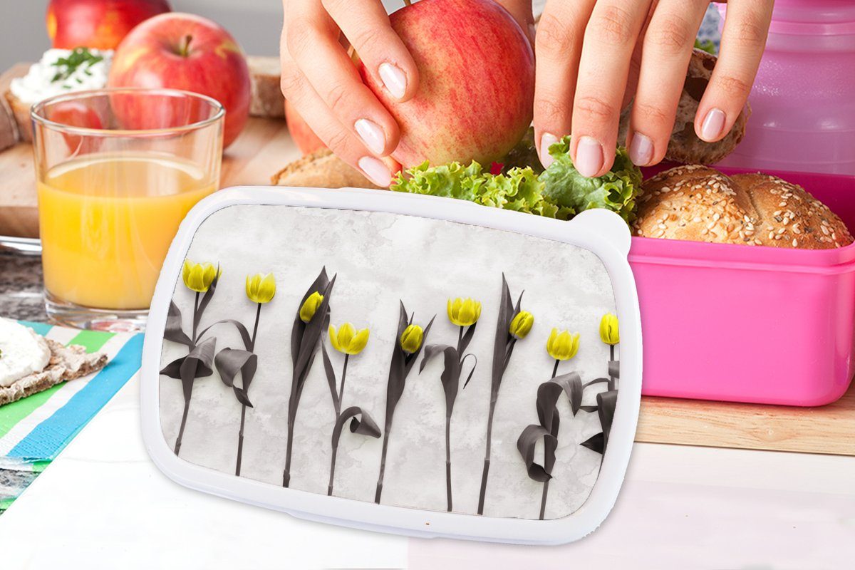 MuchoWow Lunchbox Marmor, für Brotdose - Brotbox Blumen Kinder, Kunststoff Erwachsene, Mädchen, (2-tlg), rosa - Kunststoff, Tulpen Snackbox