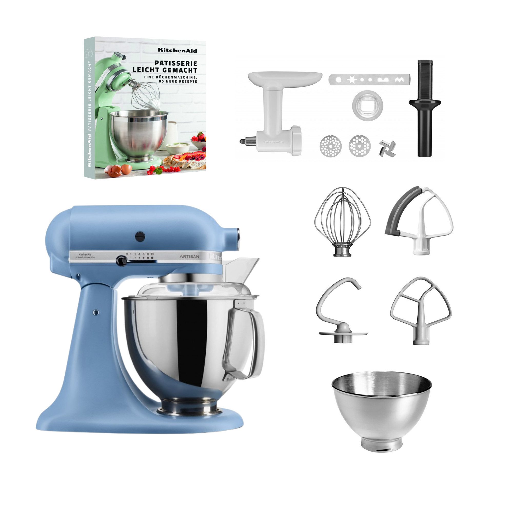KitchenAid Küchenmaschine KitchenAid 4,8l 5KSM175 Artisan Fleischwolf, Spritzgebäckvorsatz, Buch