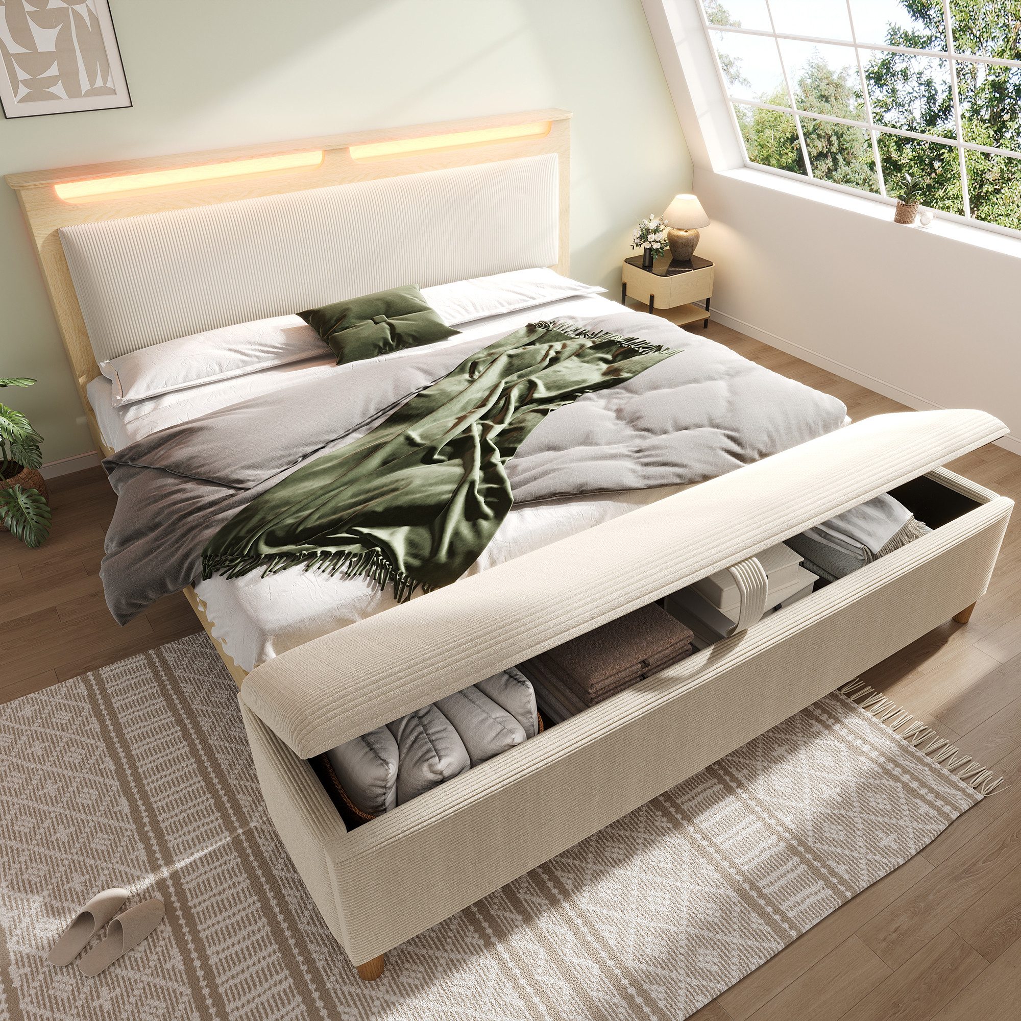STILVORA Holzbett 180×200 mit Bettbank&Stauraumkopfteil,Holzbett mit LED&Rückenlehne (Doppelbett, Bettrahmen mit Holzlatten, 1-tlg., 180×200cm, ohne Matratze, mit Bettbank), mit LED-Beleuchtung, Cordpolster-Rückenlehne