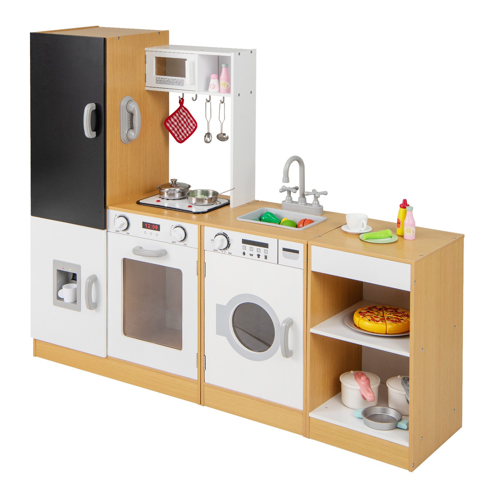COSTWAY Spielküche Holz, 3 in 1 mit Licht & Sound für Kleinkinder ab 3 Jahren