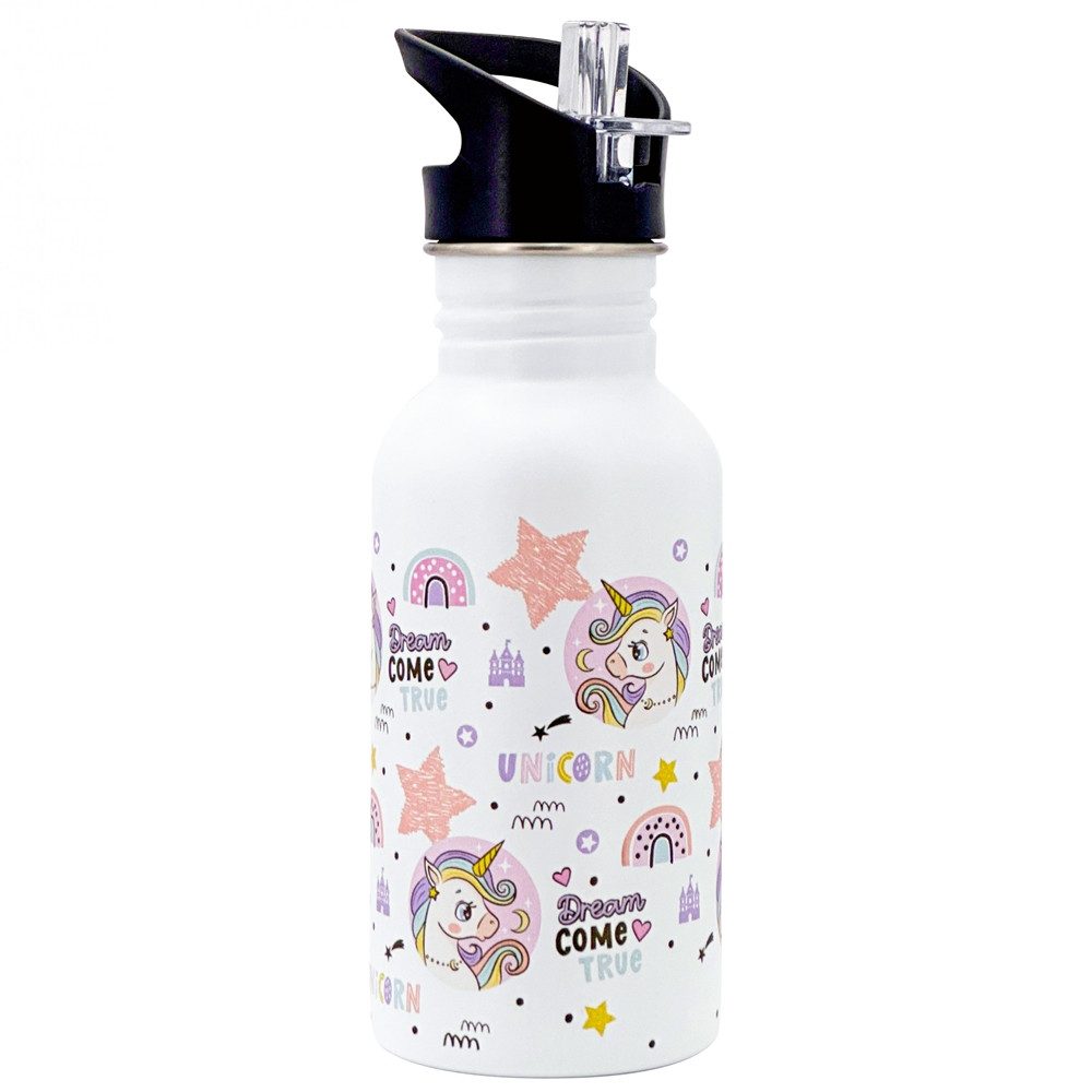 Dora's Trinkflasche Kinder-Trinkflasche Edelstahl 0,5l – Leicht & Robust, Motive, Dino oder Einhorn - Federleichtes Design - Einfache Handhabung