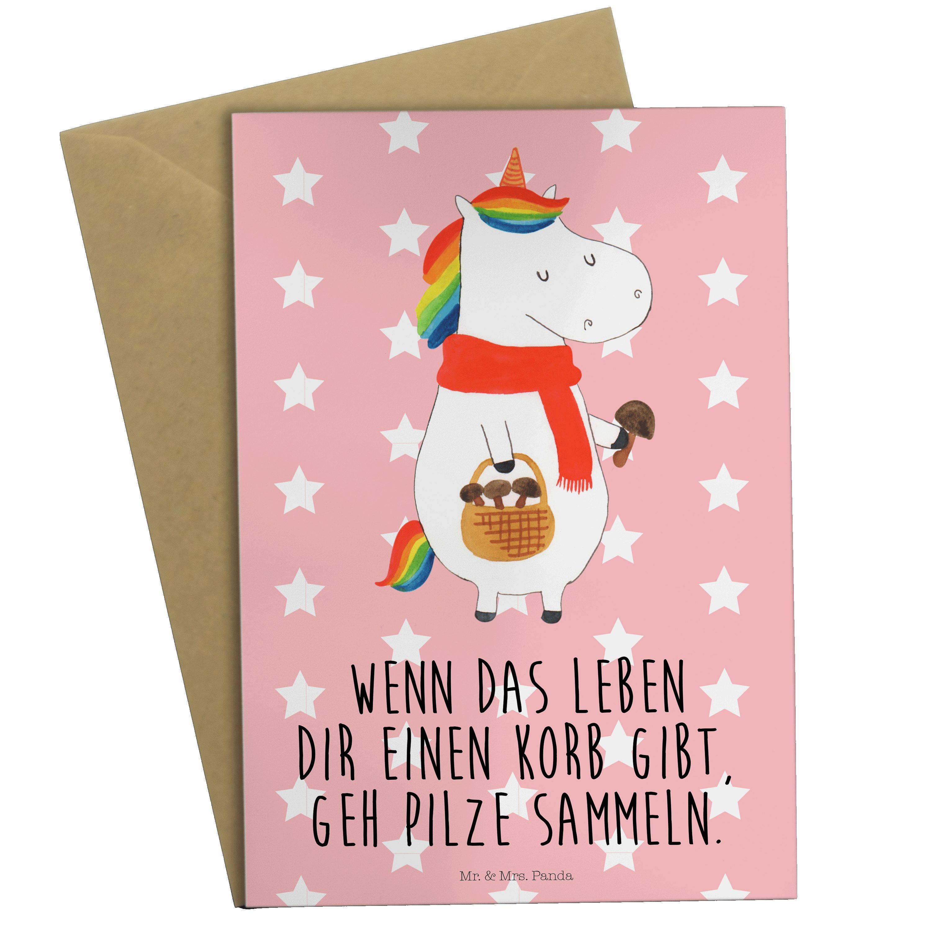 Mr. & Mrs. Panda Grußkarte Einhorn Pilz - Rot Pastell - Geschenk, Karte, Glückwunschkarte, Einhö