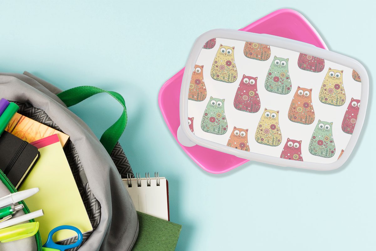 Mädchen - Brotdose Mädchen rosa Erwachsene, MuchoWow Snackbox, - Kinder (2-tlg), - - für Kunststoff, - Brotbox - Lunchbox Kunststoff Kinder, Muster Blumen Kinder, Katze Mädchen,