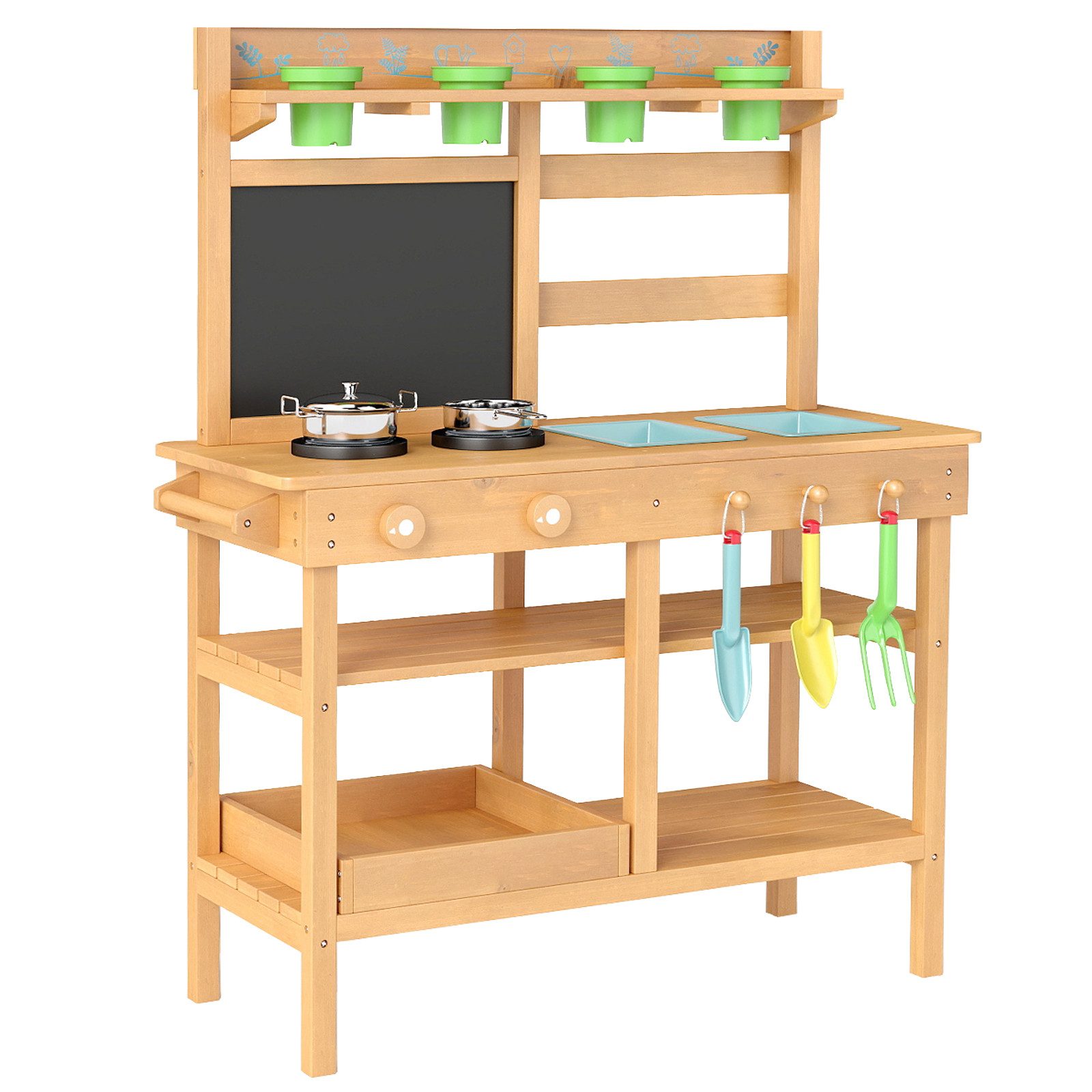 COSTWAY Outdoor-Spielküche Holz, Mit herausnehmbaren Spülen, Blumentöpfen, Pflanzzubehör