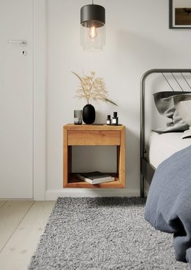 Woodek Design Nachttisch HUGO 39, Skandinavischer Wandschrank (Ablagetisch aus unbehandeltem Eichenholz, 1-St., hängende und moderne Nachttischkonsole), Funktionaler Beistelltisch