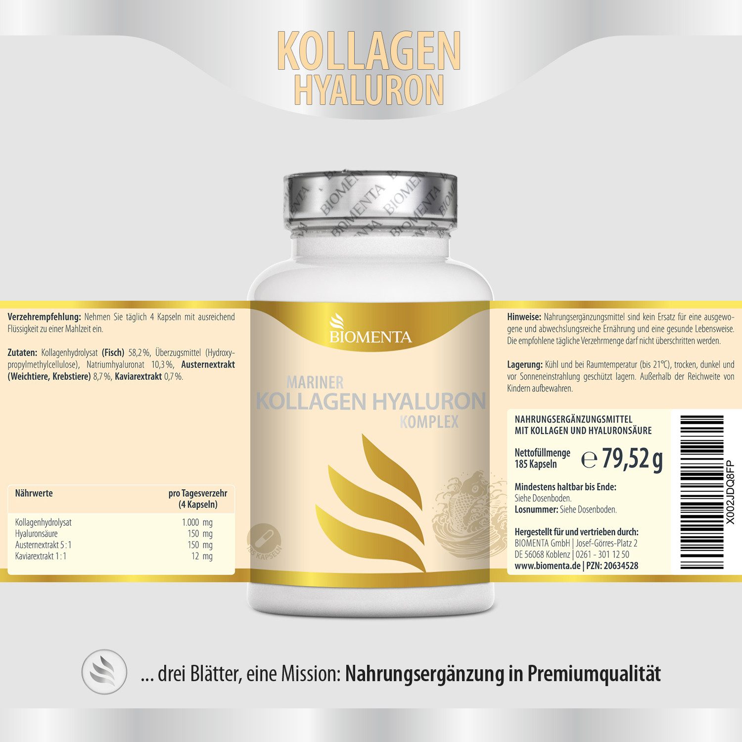 BIOMENTA Mariner Kollagen Hyaluronsäure Premium Komplex Kapsel, 185 St., 79,52 g