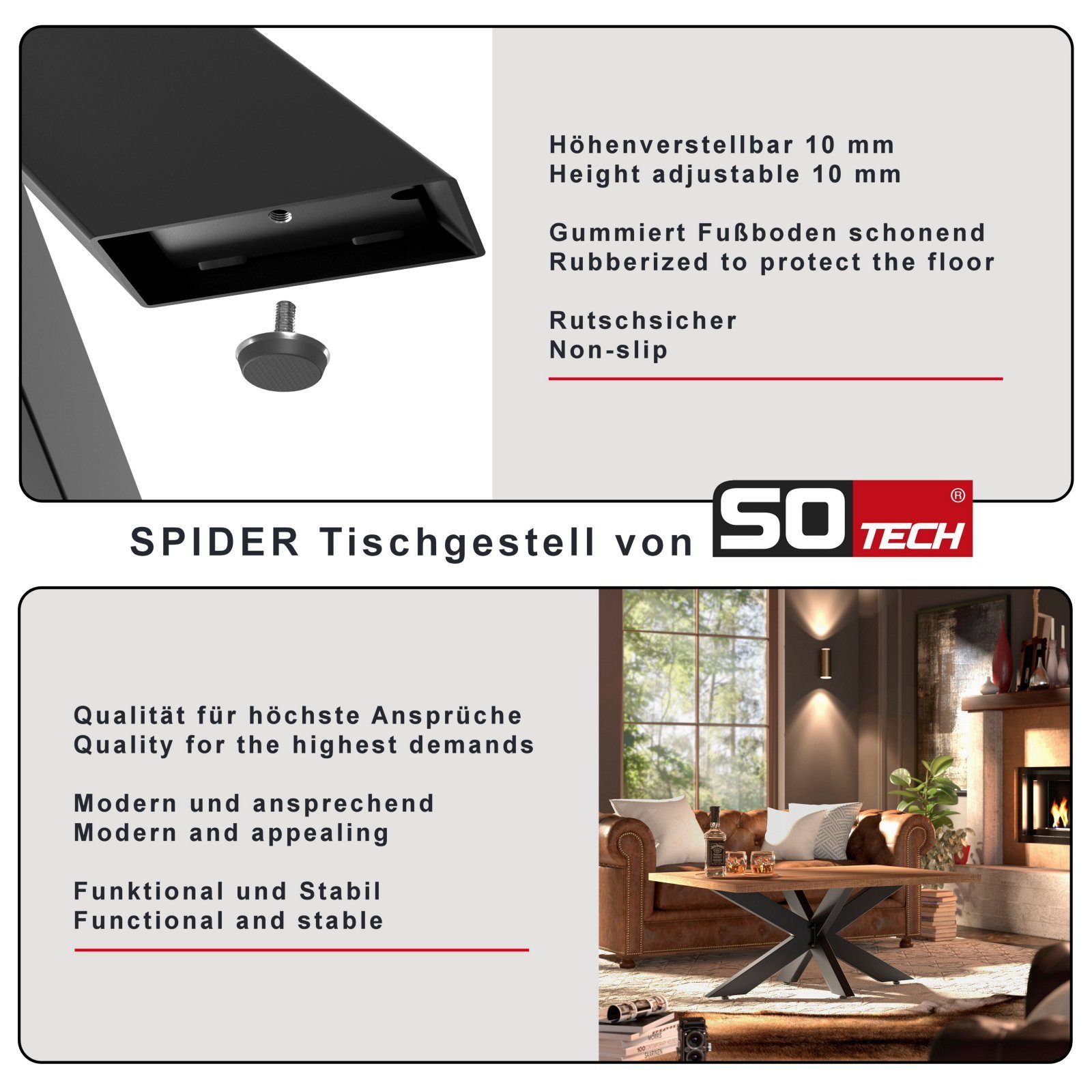 SO-TECH® Tischgestell SPIDER Schwerlast belastbar bis 500 kg, einfache Montage, Couchtisch Sofatisch, schwarz, H 430 x B 580 x L 980 mm – Bild 4 von 5