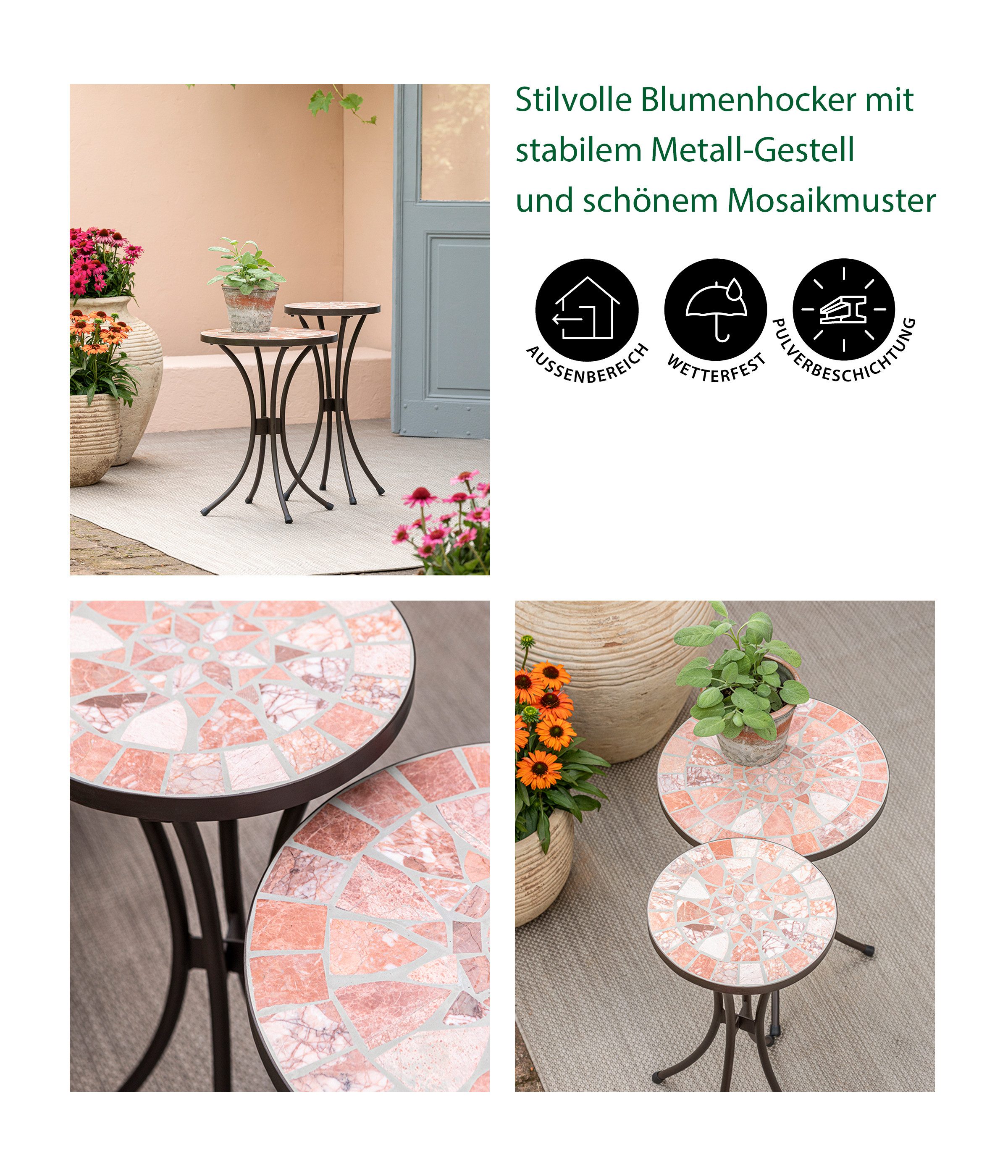 Dehner Blumenständer Mosaik Blumenhocker Chiara, versch. Größen, terra-rosé, romantischer Beistelltisch mit pulverbeschichtetem Metallgestell