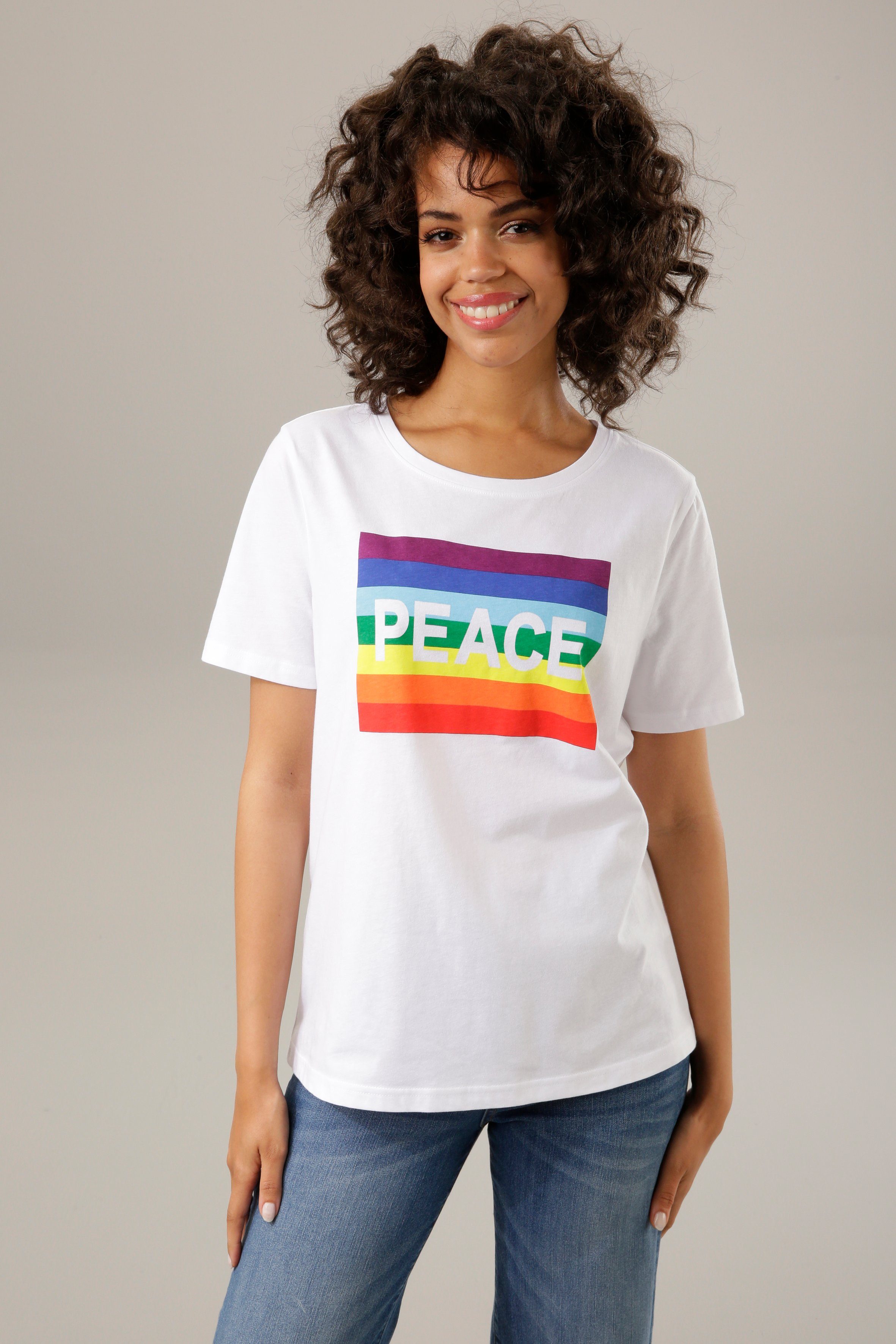 Aniston Regenbogen CASUAL Frontdruck PEACE-Schriftzug T-Shirt und mit