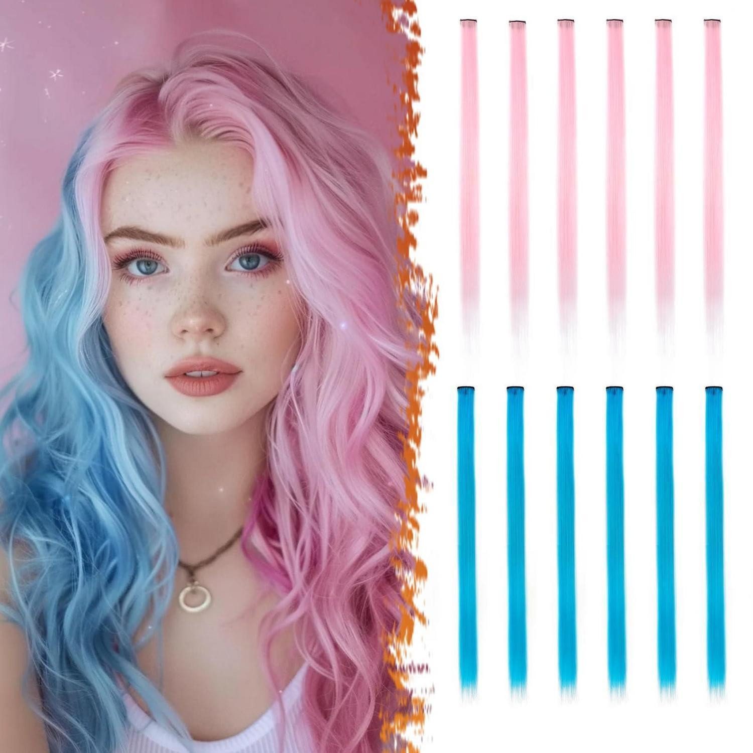 LuxusKollektion Kunsthaar-Extension Haarverlängerungen Clipin 55cm Hellrosa 6pcs & Himmelblau 6pcs