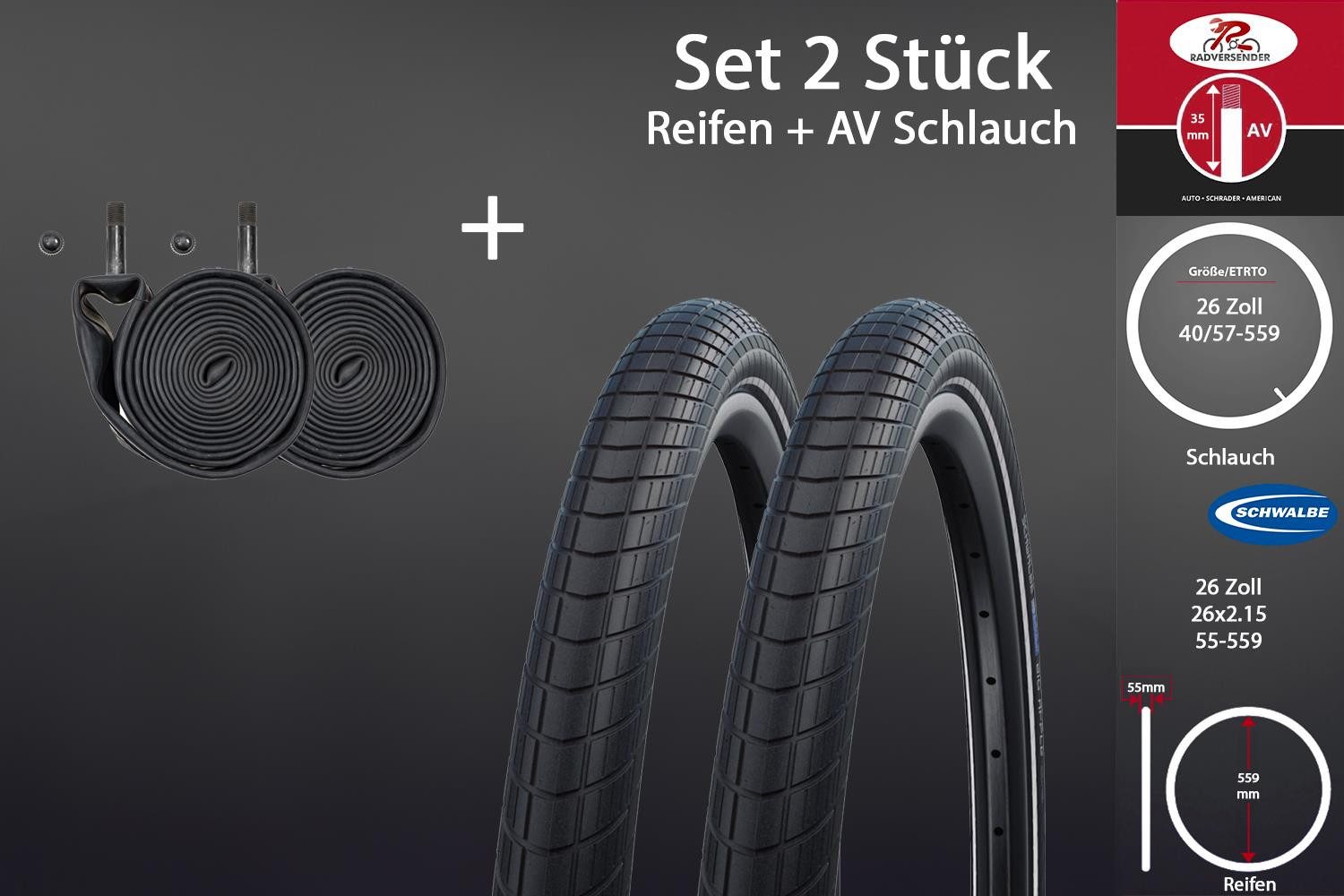 Schwalbe Fahrradreifen 2 Stück 26 Zoll Schwalbe Reifen Set 26x2.15 City 55-559 AV Schlauch, (4-tlg), Reflexstreifen,Pannenschutz