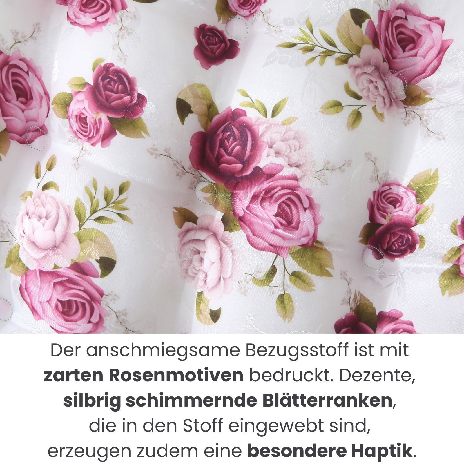 wometo Stuhlkissen Stuhlkissen Rosi 40x40 mit Binde-Bändern, Haltebändern, OEKO-TEX® Sitzkissen mit Rosen-Motiv im Landhaus-Stil – Bild 5 von 5