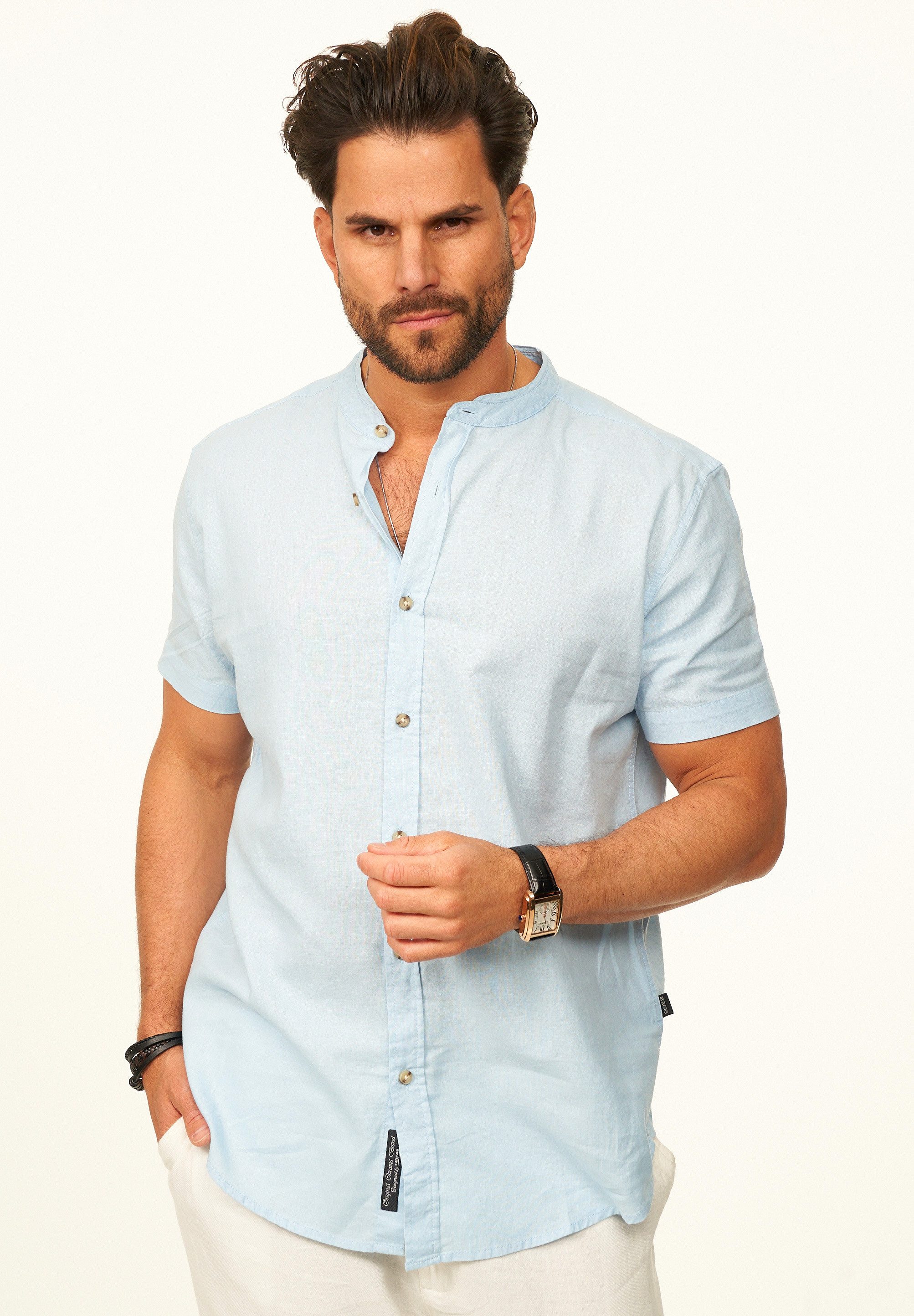 behype Kurzarmhemd als Sommerhemd aus Leinen im Regular-Fit Herren Leinenhemd Freizeithemd mit Stehkragen