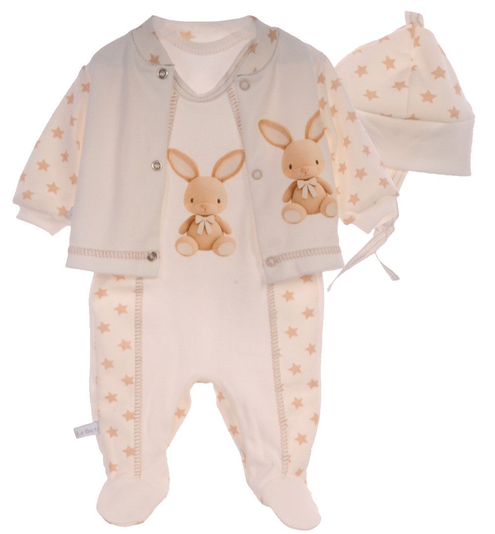 La Bortini Strampler Baby Set Erstlingsausstattung Hemdchen Stramplerhose Mütze in Creme aus reiner Buamwolle, 44 50 56 62 68 74