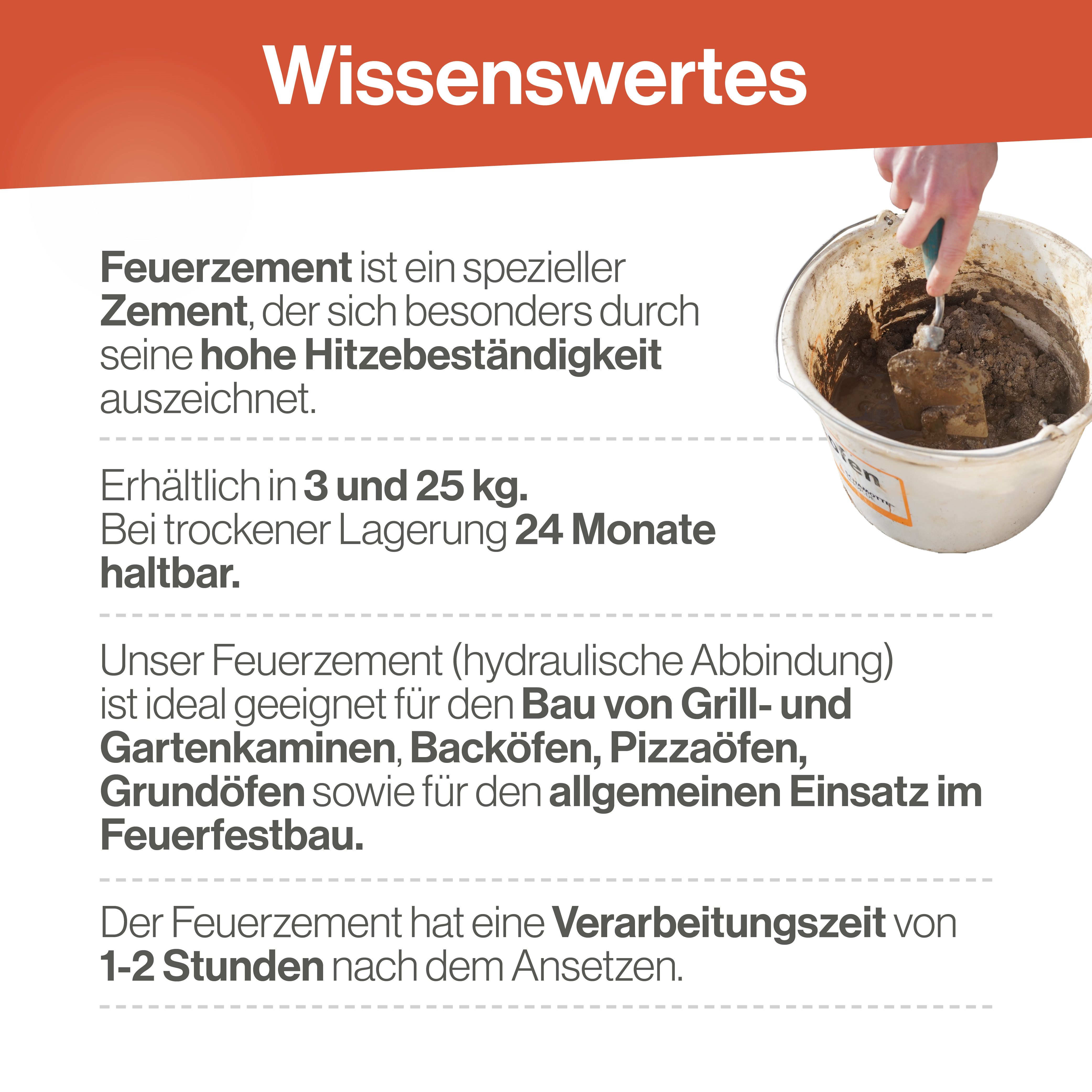 Feuerfest 123 GmbH Zement Feuerzement Feuerfester Zement - Für Kaminöfen, Öfen & Grills - Hitzebeständig bis 1.400 °C - hydraulische Abbindung