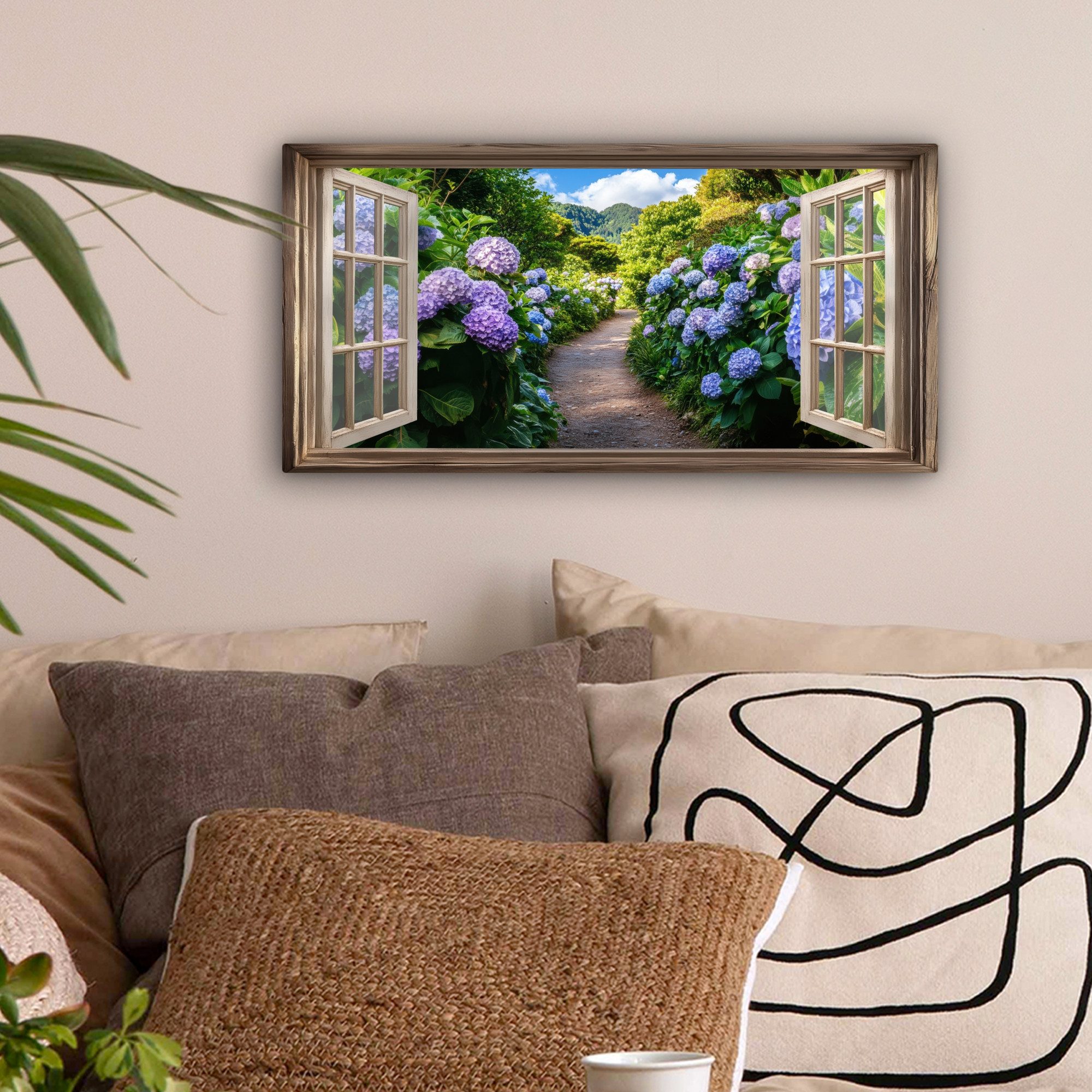 OneMillionCanvasses® Leinwandbild Panorama Durchblick - Hortensie günstig online kaufen