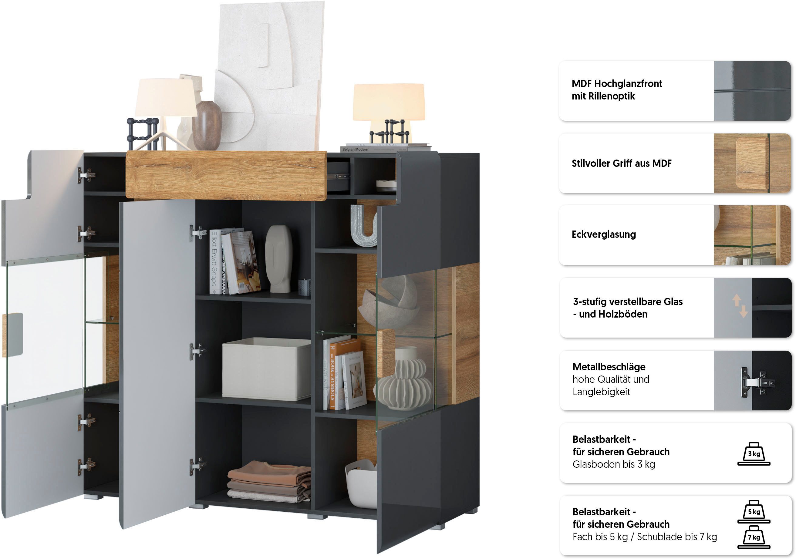OTTO home Highboard Toledo,Breite 147,5cm,trendige Hochkommode mit 3Türen und Schublade, Hochschrank mit Glas-Partien,stylische Hochglanzfronten