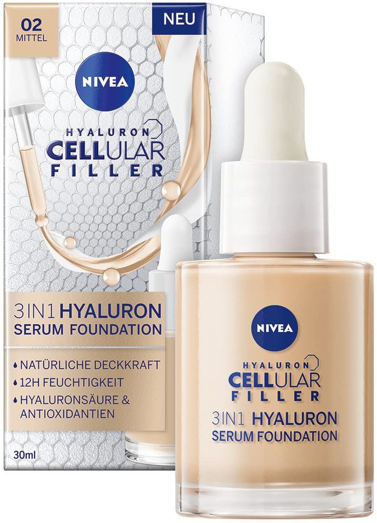 Nivea Foundation Cellular 3in1 Hyaluron Serum Foundation, Anti-Aging-Effekt, deckt Unreinheiten ab, spendet 12h Feuchtigkeit.