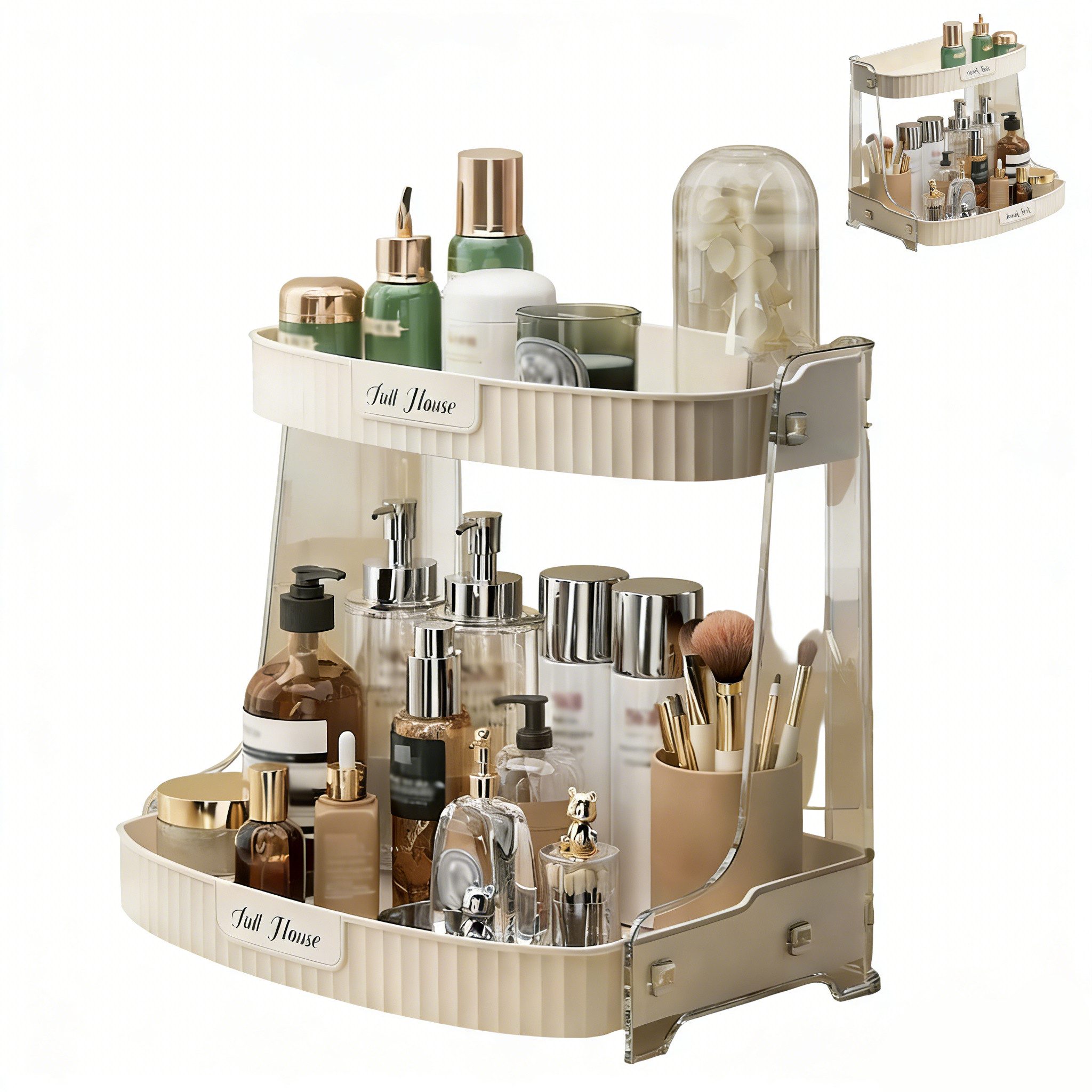 HEYHIPPO Make-Up Organizer Kosmetik Organizer zweistöckig 30,5×22×28cm,Cremeweiß,robust&stilvoll, Organizer für Hautpflegeprodukte, stabiles Regal mit großer Kapazität, Make-up Aufbewahrungsbox mit 2 Ebenen,PET-Material,ideal für Bad&Tisch