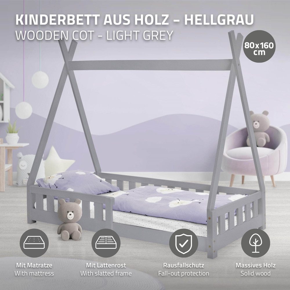 ML-DESIGN Spielbett Hausbett Tipi Zeltbett inkl. Lattenrost Bodenbett Kinder Himmelbett, Abenteuerbett mit Rausfallschutz Zelt Bett Kiefer Grau Kinderhaus – Bild 2 von 5