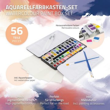 ECD Germany Malstift Aquarellfarben Set Malkasten Wasserfarben Set für Anfänger und Profis, 48 Farben tragbar 3 Pinsel 1 Bleistift 2B 2 Aquarellstift