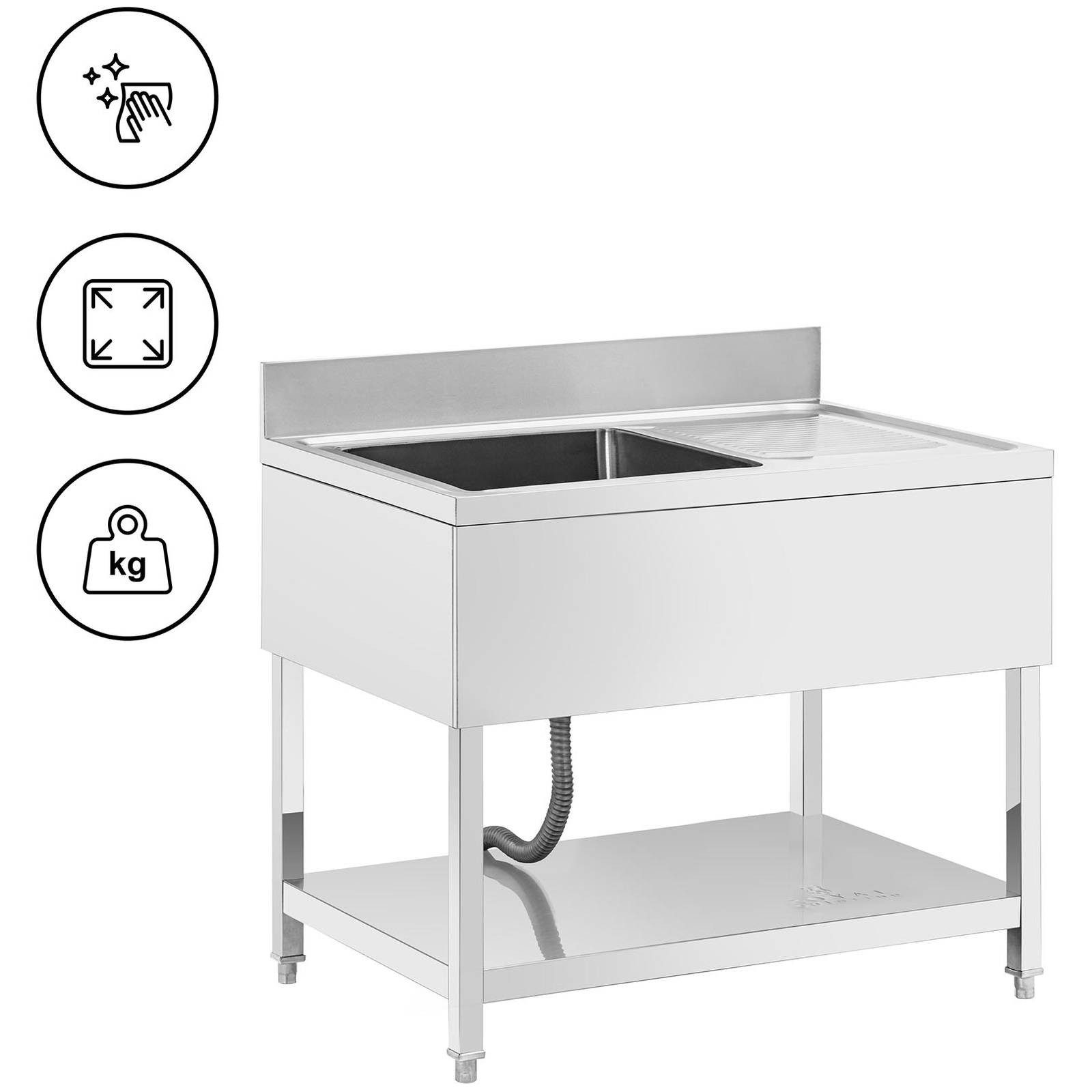 Royal Catering Edelstahlspüle Spültisch 1 Becken 500 x 500 x 300 mm Ablage Edelstahl-Spültisch, 100/70 cm