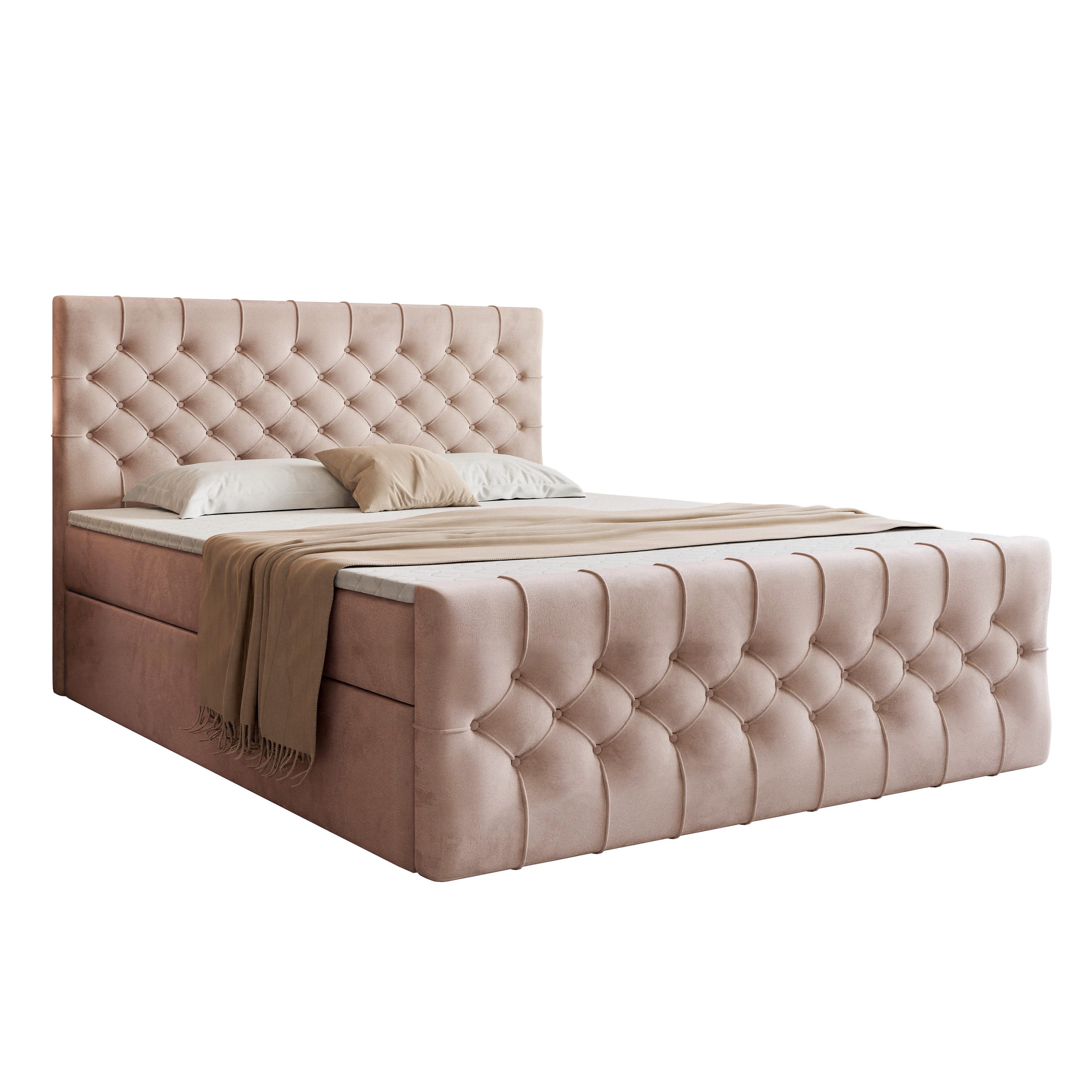 Goldstoff Boxspringbett TAURIEL mit Federkernmatratze & Topper, zwei Bettkästen (von 120 bis 200x200 cm), modernes Doppelbett aus Velvet Stoff mit edlem Kopftei – Bild 3 von 5