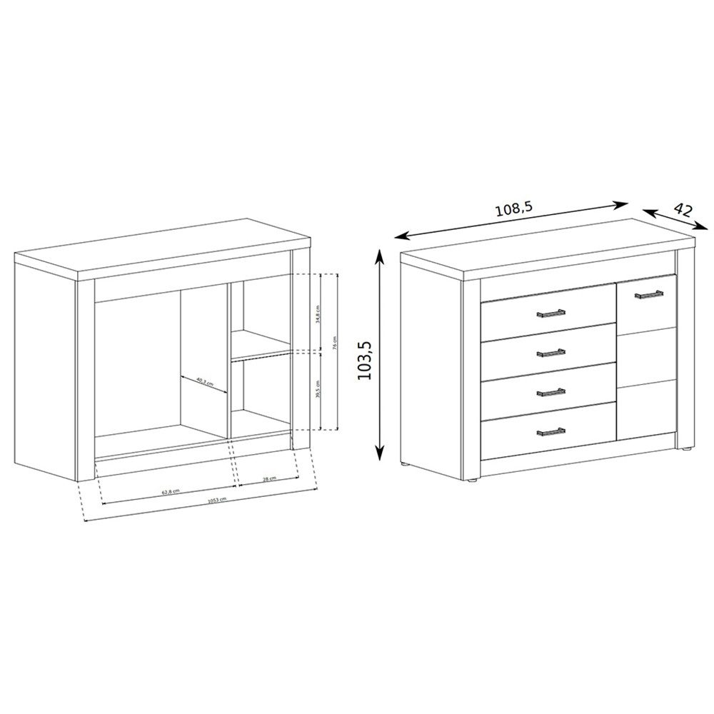 Lomadox Kommode INGENIO-161, Wohnzimmerschrank Sideboard mit LED Beleuchtung modern in Esche weiß