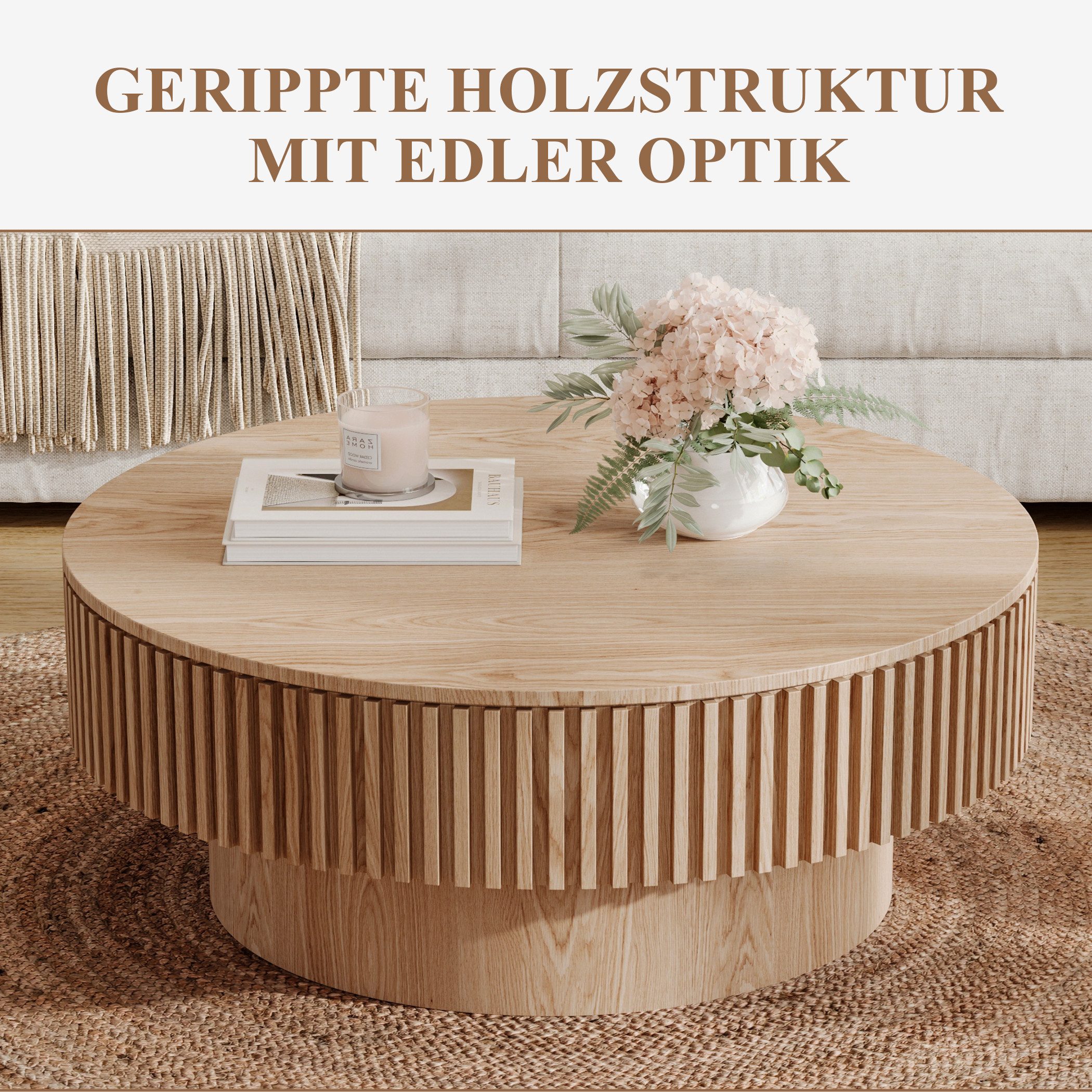 SeedWave Couchtisch mit Stauraum Sofatisch in Pilzform mit 75cm Runder Tischplatte, Wohnzimmertisch mit Massivholzfurnier – Bild 5 von 5